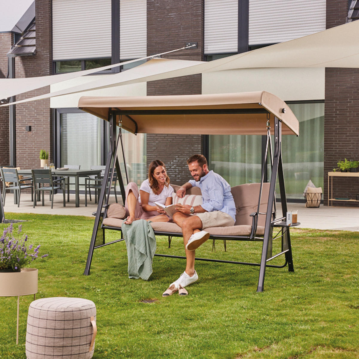 HOLLYWOODSCHAUKEL DESCANSO - Beige, Ohne Regenabdeckung - Beige, Textil/Metall (115/195/198cm) - Home Deluxe