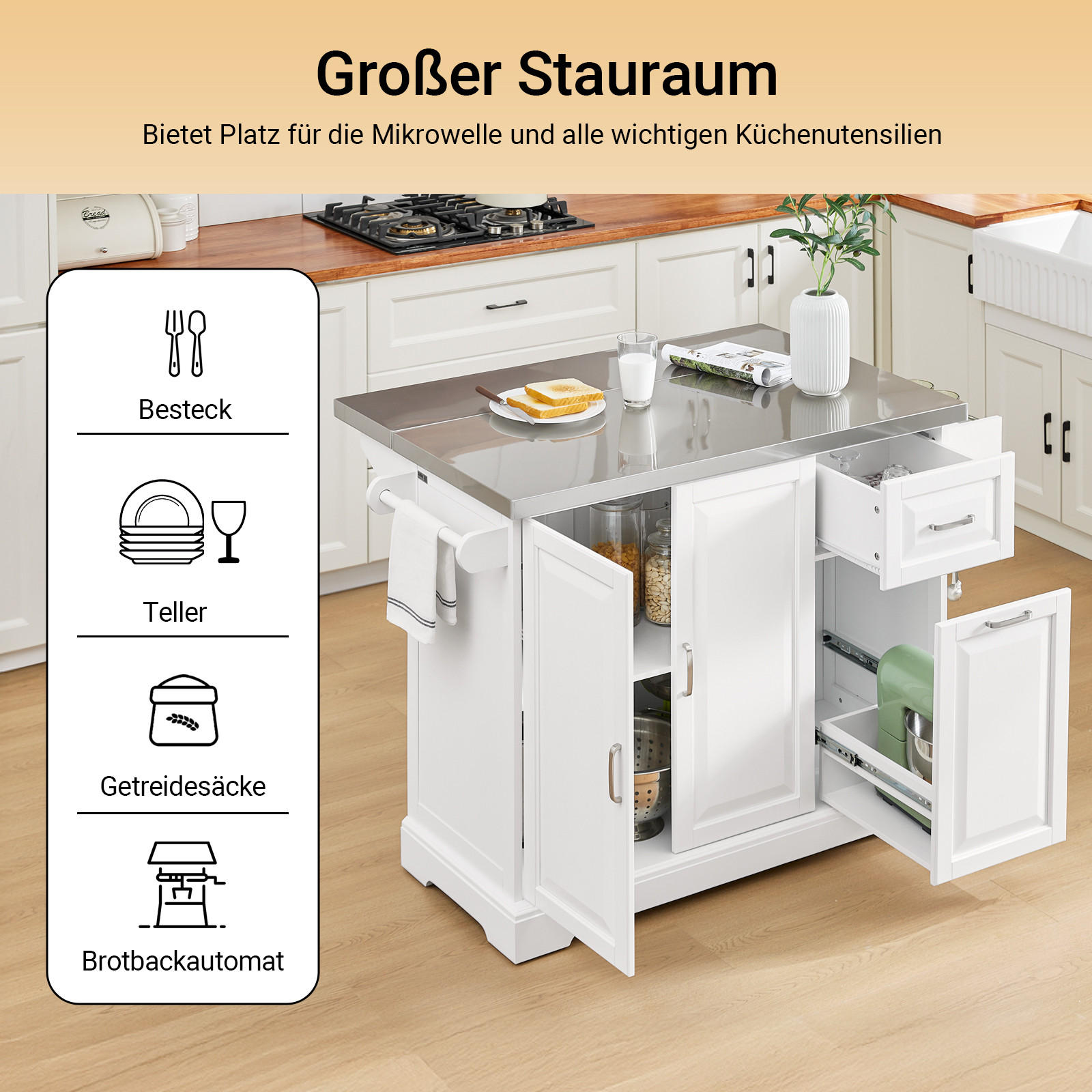 KÜCHENINSEL mit Rollen Weiß - Weiß, Holzwerkstoff/Metall (130/91/71cm) - SoBuy