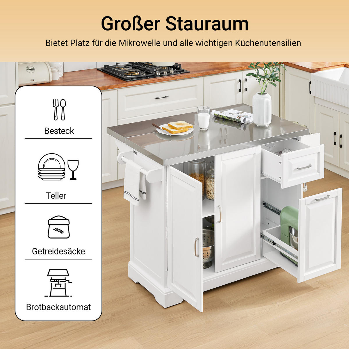 KÜCHENINSEL mit Rollen Weiß - Weiß, Holzwerkstoff/Metall (130/91/71cm) - SoBuy