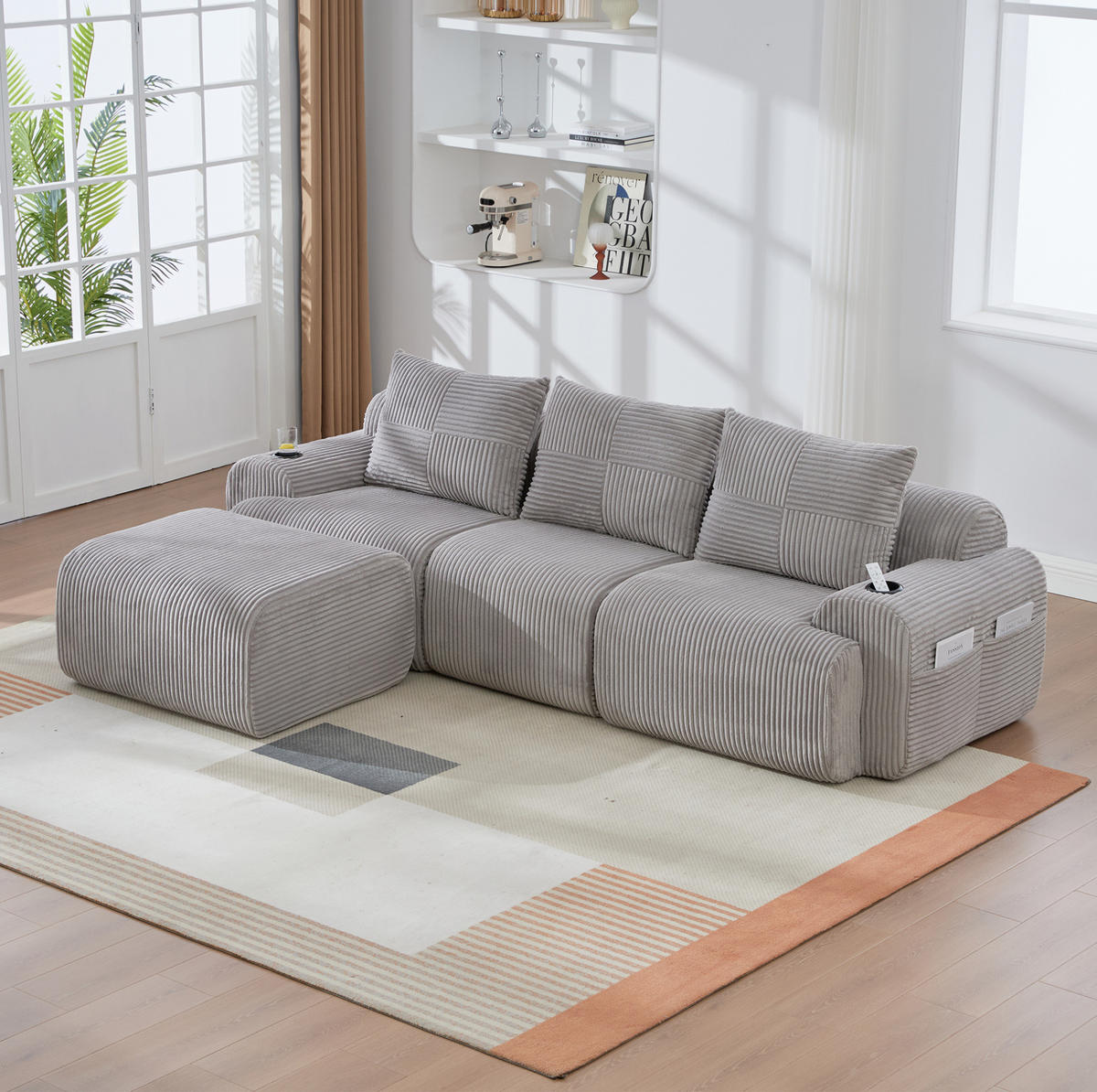 SOFA modular 3-Sitzer 268 x 174 cm Cord Hellgrau mit Hockern - Hellgrau, Kunststoff (174/268cm) - Meubliv