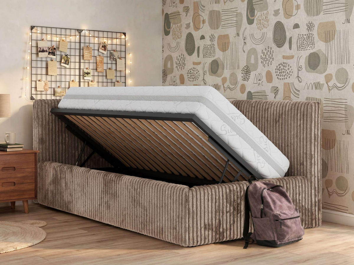 POLSTERBETT TILVO 90/200 - Braun Cord - Taschenfederkernmatratze - Links - Braun, Textil (90/200cm) - MKS