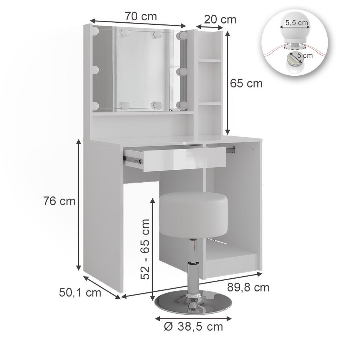 SCHMINKTISCH Sherry Weiß/Weiß Hochglanz 89.8 cm 5 Teile - Weiß Hochglanz, Holzwerkstoff (50.1cm) - Vicco