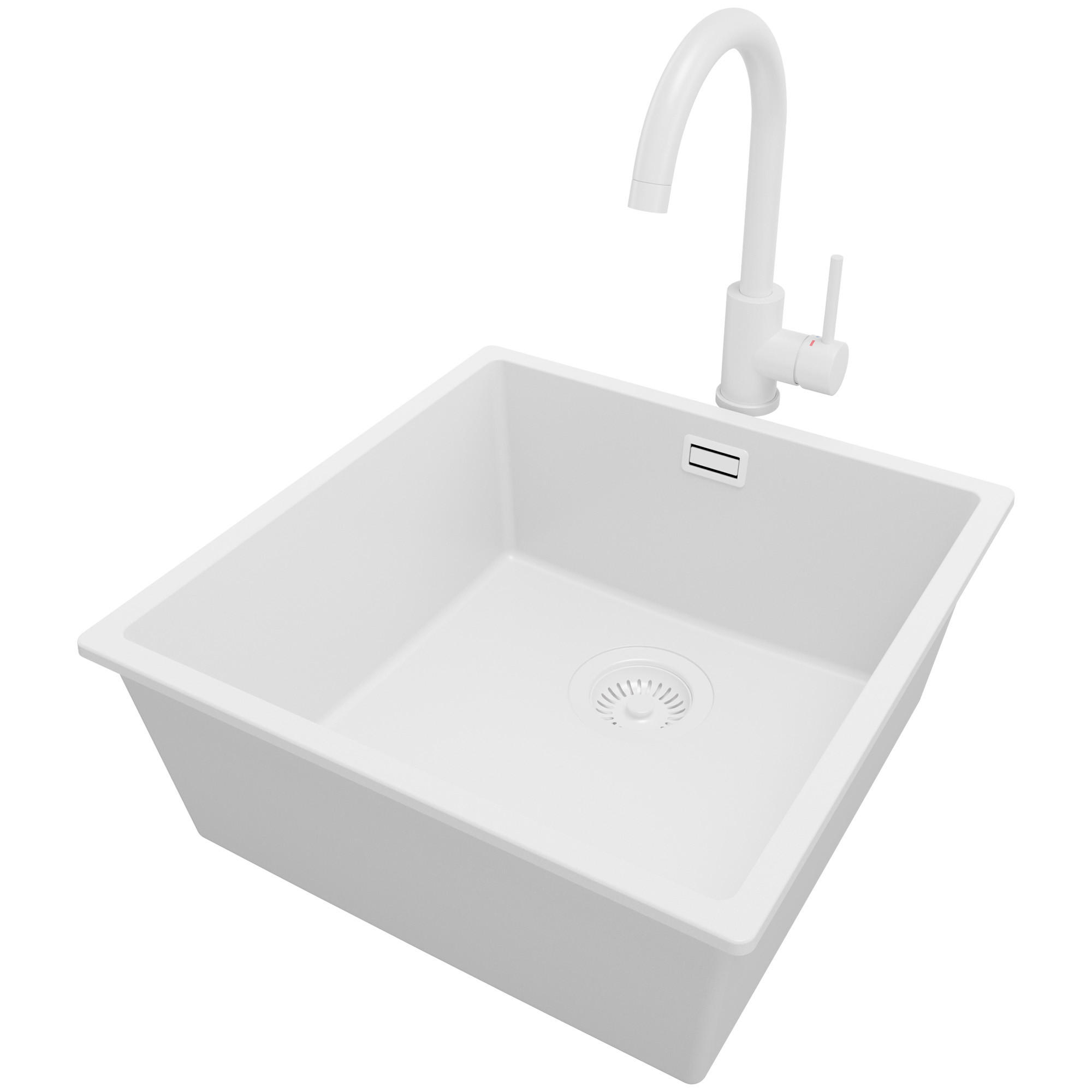 UNTERBAUSPÜLE GRANIT London, 2-er set Alles Weiß 46/47 cm 1 Becken + Küchenarmatur 32/20 cm + Ablauf-Set ab 50er Unterschrank - Weiß, Kunststoff (46/20/47cm) - Primagran