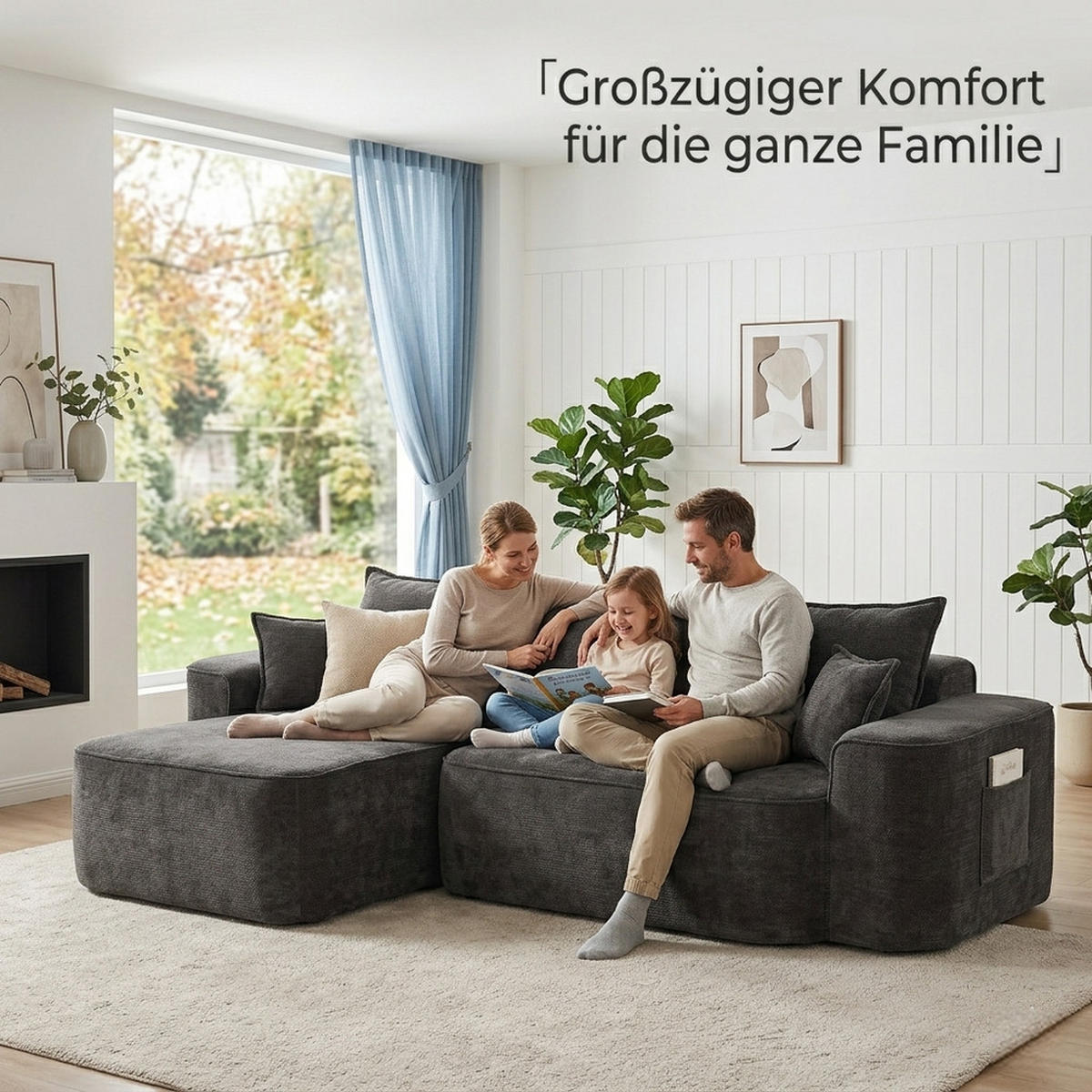 ECKSOFA Chenille-Stoff 262cm - Schwarz, Textil (144/262cm) - Raelunyi
