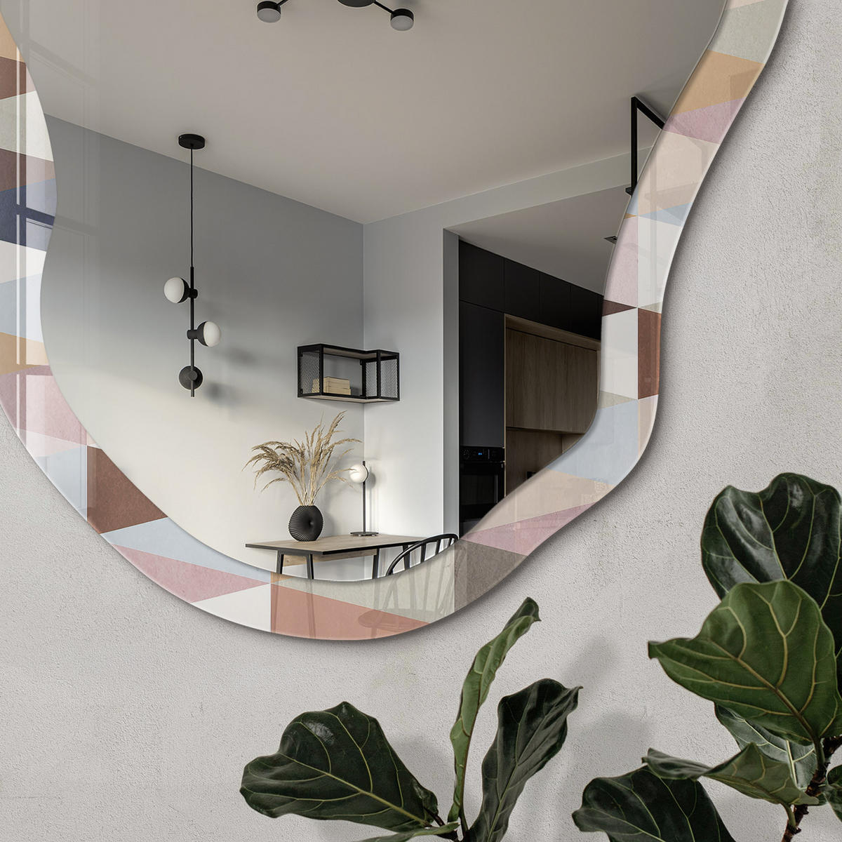 SPIEGEL 90x45 cm asymmetrisch mit Druck - Pastellgeometrie - Transparent, Glas (45/90/0.4cm) - TULUP