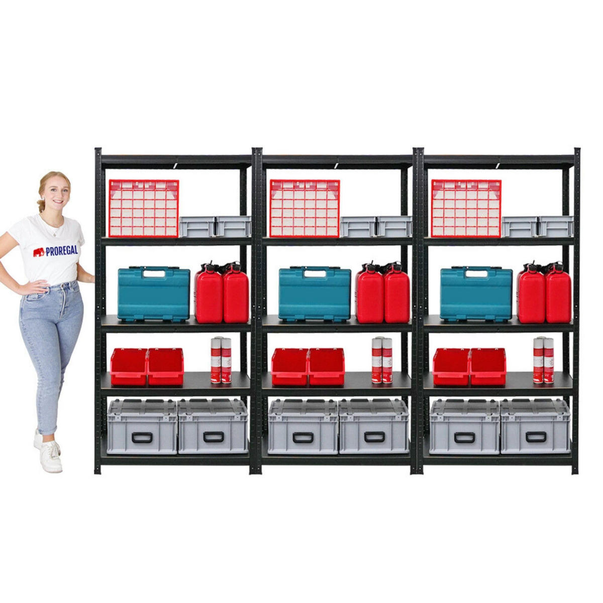SCHWERLASTREGAL Ragnar All Black Series 3er-Set mit 3x 180x90x40 cm Fachlast 100 kg Matt Schwarz - Schwarz, Metall (270/180/40cm) - PROREGAL