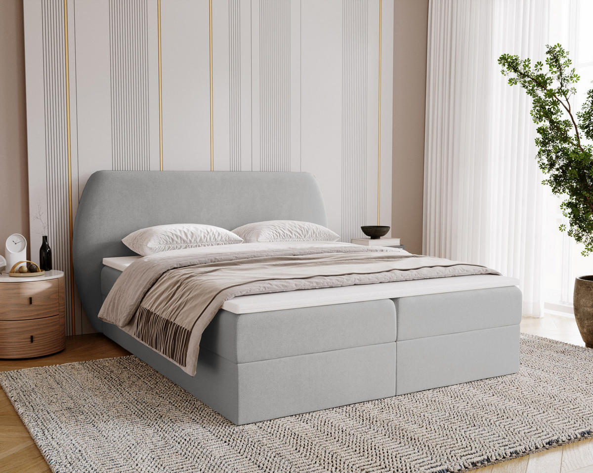 BOXBETT Bloom mit abgerundetem Kopfteil, Stoff Komodo Hellgrau 140x200 cm - Hellgrau, Holz (140/200cm) - Kaiser Möbel
