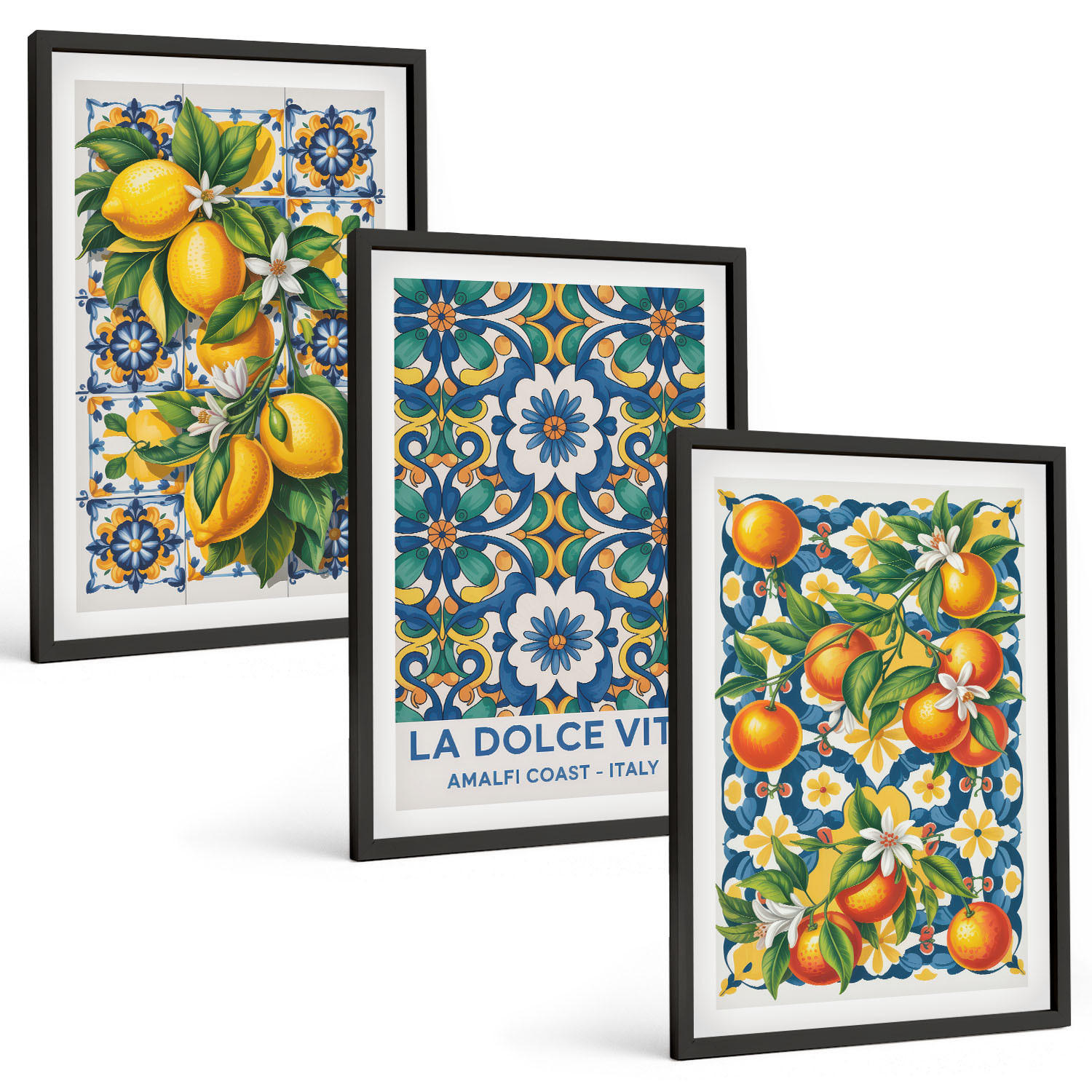 BILDER SET 3er Set - 40x60 cm Schwarzer Rahmen - Zitrusfarbene abstrakte - Schwarz, Kunststoff (40/60cm) - TULUP