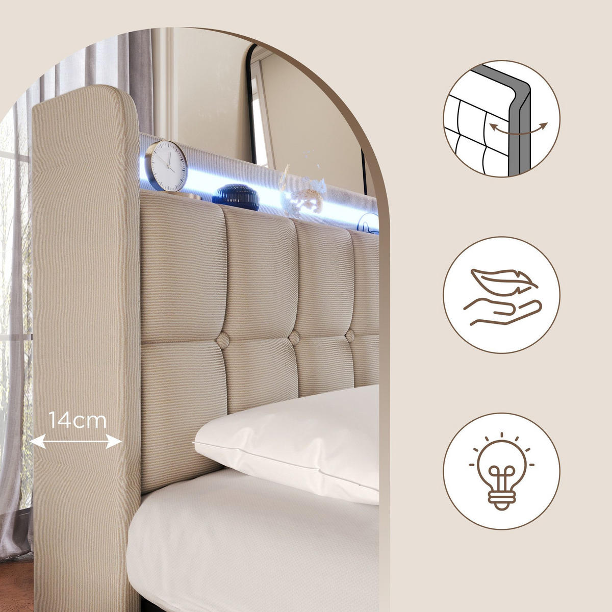 POLSTERBETT mit USB-Ladefunktion, Kopfteil und LED-Beleuchtung - Beige, Textil (160/200cm)