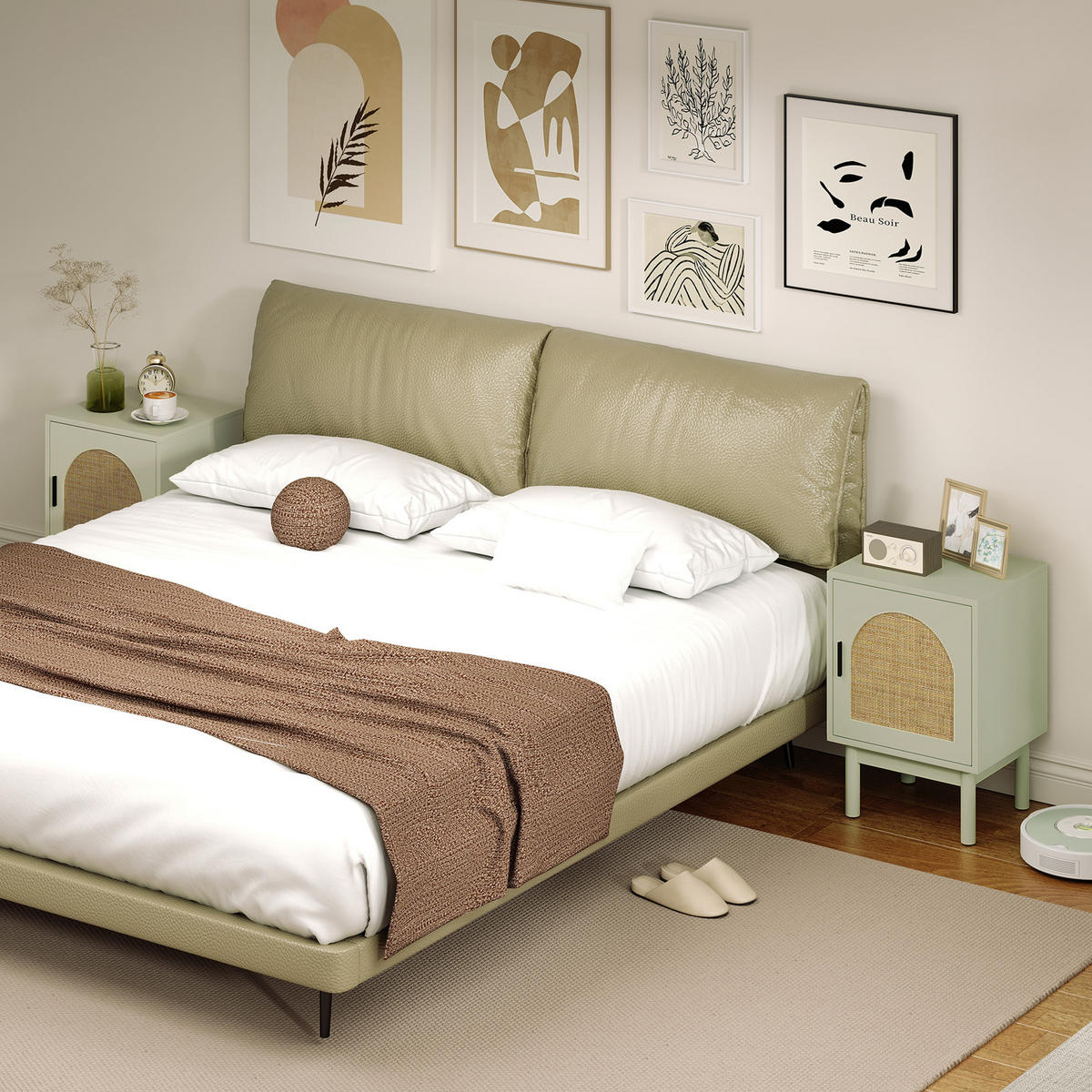 NACHTSCHRANK 2er-Set DE-12925 geflochtene Tür und verstellbares Regal Hellgrün - Grün, Holzwerkstoff (35/58/40cm) - ComfortXL