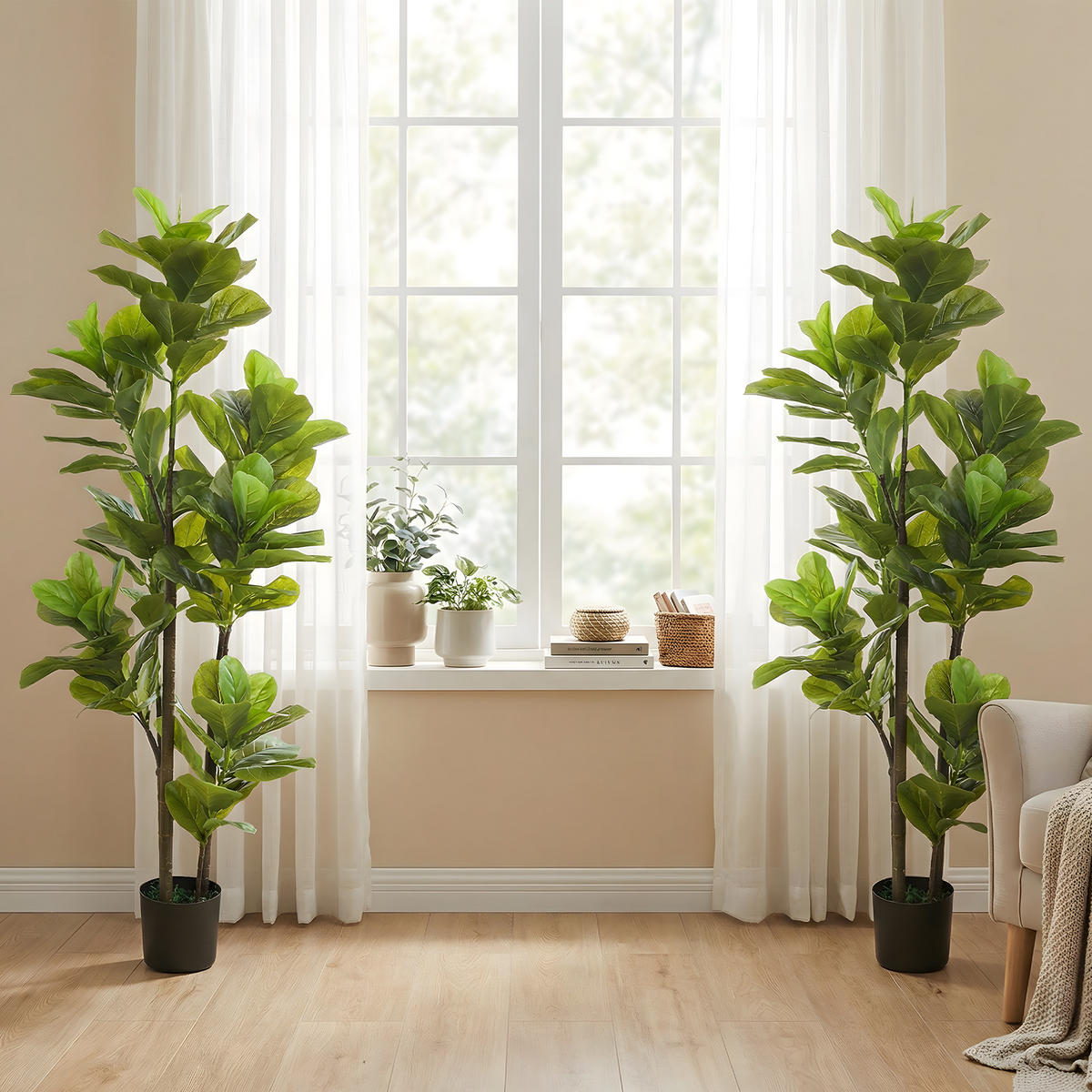 KUNSTPFLANZE 2er-Set DE-16648 150 cm, Geigenfeigen-Design Grün - Grün, Kunststoff (150cm) - ComfortXL