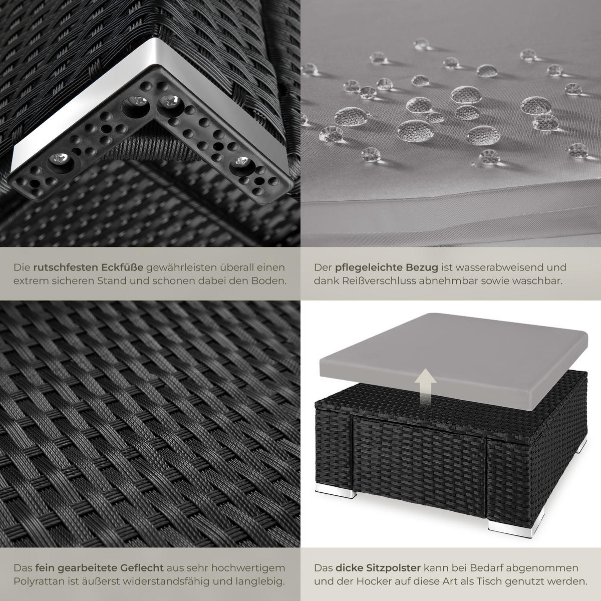RATTAN-SITZHOCKER Bitonto,53 x 53 x 26 cm,schwarz/grau - Schwarz/Grau, Kunststoff (53/26/53cm) - tectake