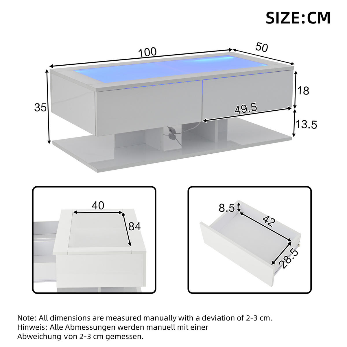 KONFERENČNÍ stolek 100/50/35 cm bílý z dřevotřísky a tvrzeného skla s LED a 2 zásuvkami - bílá, kompozitní dřevo (100/50/35cm) - OKWISH