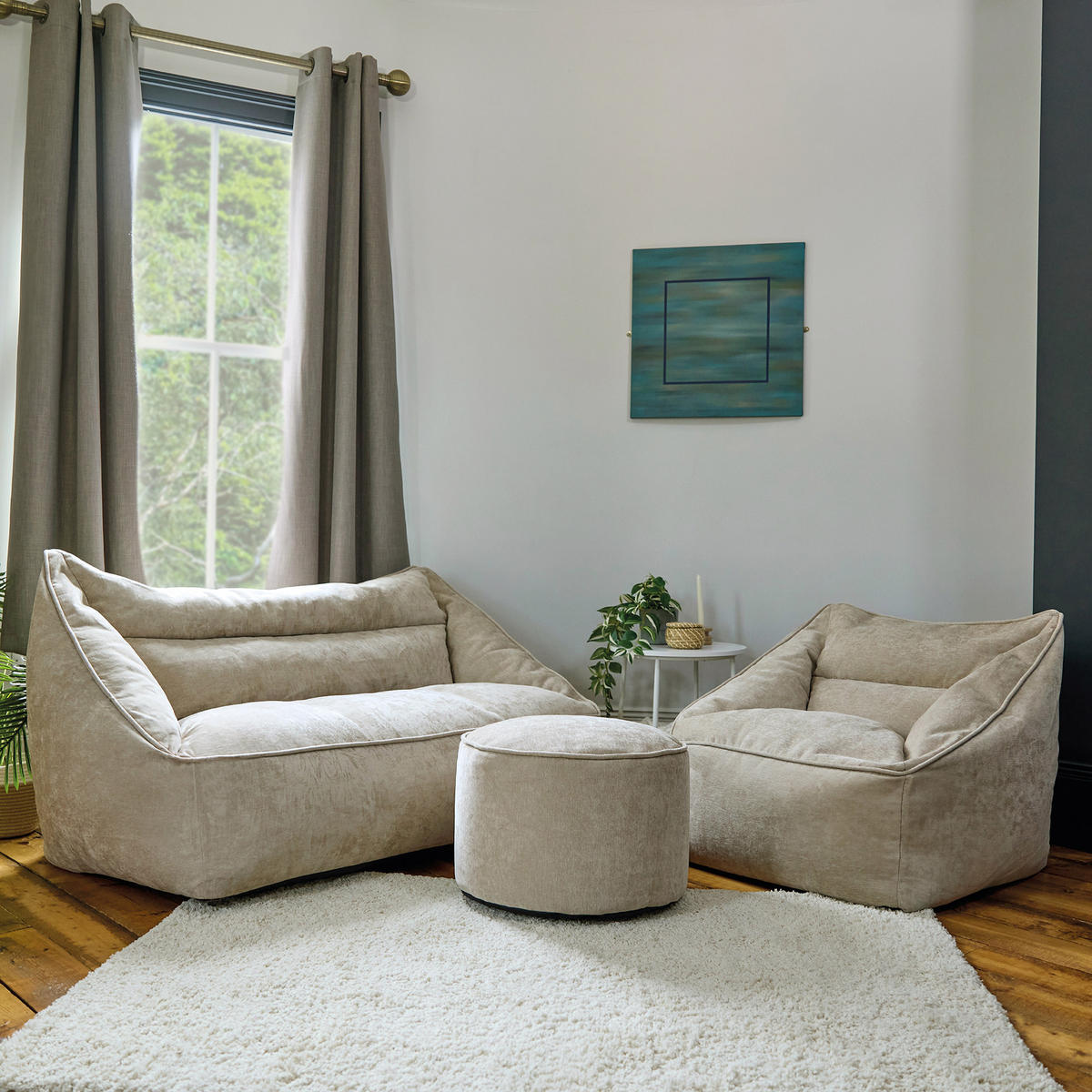 SITZSACK-SET 3 tlg, Sofa Chenille Cecilia, Sitzsack Sessel mit Hocker - Beige, Kunststoff/Textil (160/70/93cm) - icon