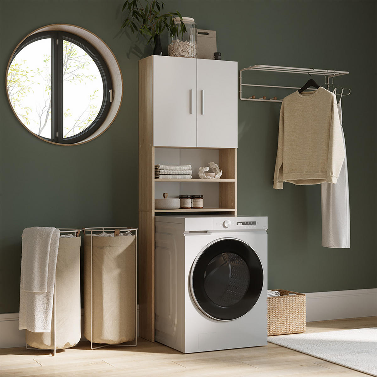 WASCHMASCHINENSCHRANK Weiß/Sonoma 64 x 190 cm - Weiß/Sonoma Eiche, Holzwerkstoff (64/190/26cm) - Vicco