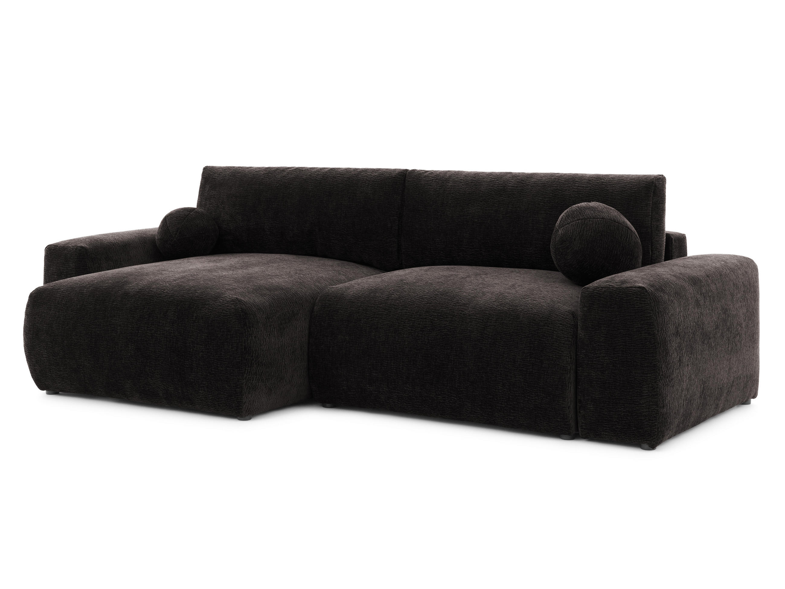 ECKSOFA Puffy mit Schlaffunktion und Bettkasten - besonders weich und puffig aus Braun Stoff mit Chenillestruktur - Ottomane links - Schwarz/Braun, Holz/Kunststoff (138/266cm) - S-Style Möbel
