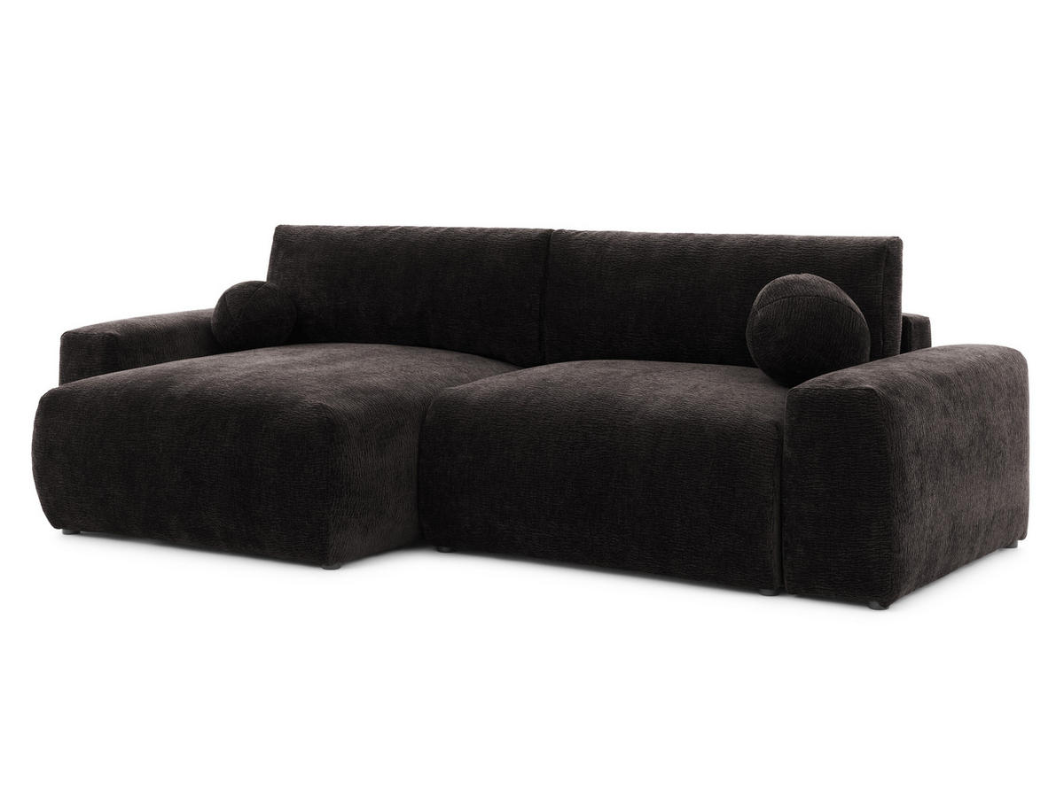 ECKSOFA Puffy mit Schlaffunktion und Bettkasten - besonders weich und puffig aus Braun Stoff mit Chenillestruktur - Ottomane links - Schwarz/Braun, Holz/Kunststoff (138/266cm) - S-Style Möbel