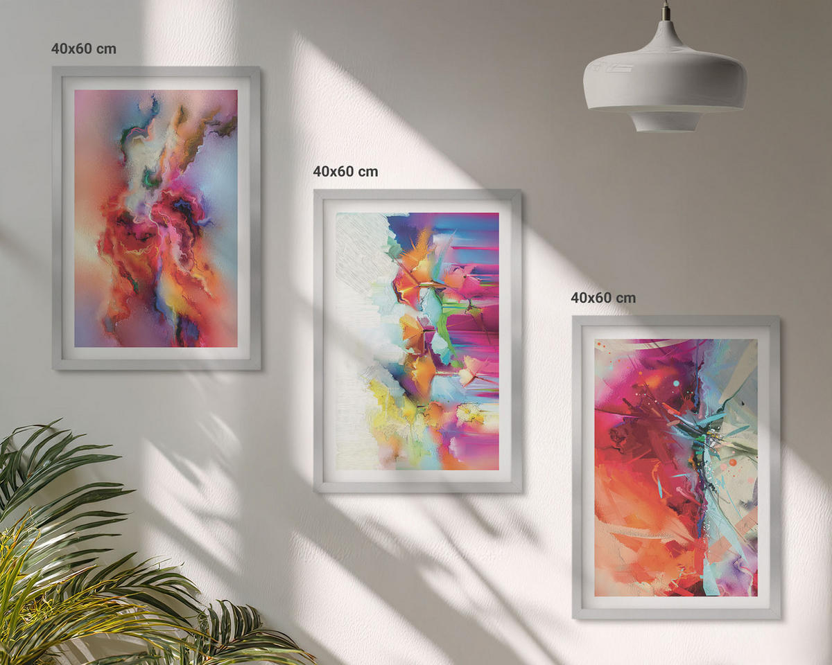 WANDBILDER 3er Set - 40x60 cm Silberner Rahmen - Farbenfrohe Abstraktionen der Form - Silberfarben, Kunststoff (40/60cm) - ArtPrintCave