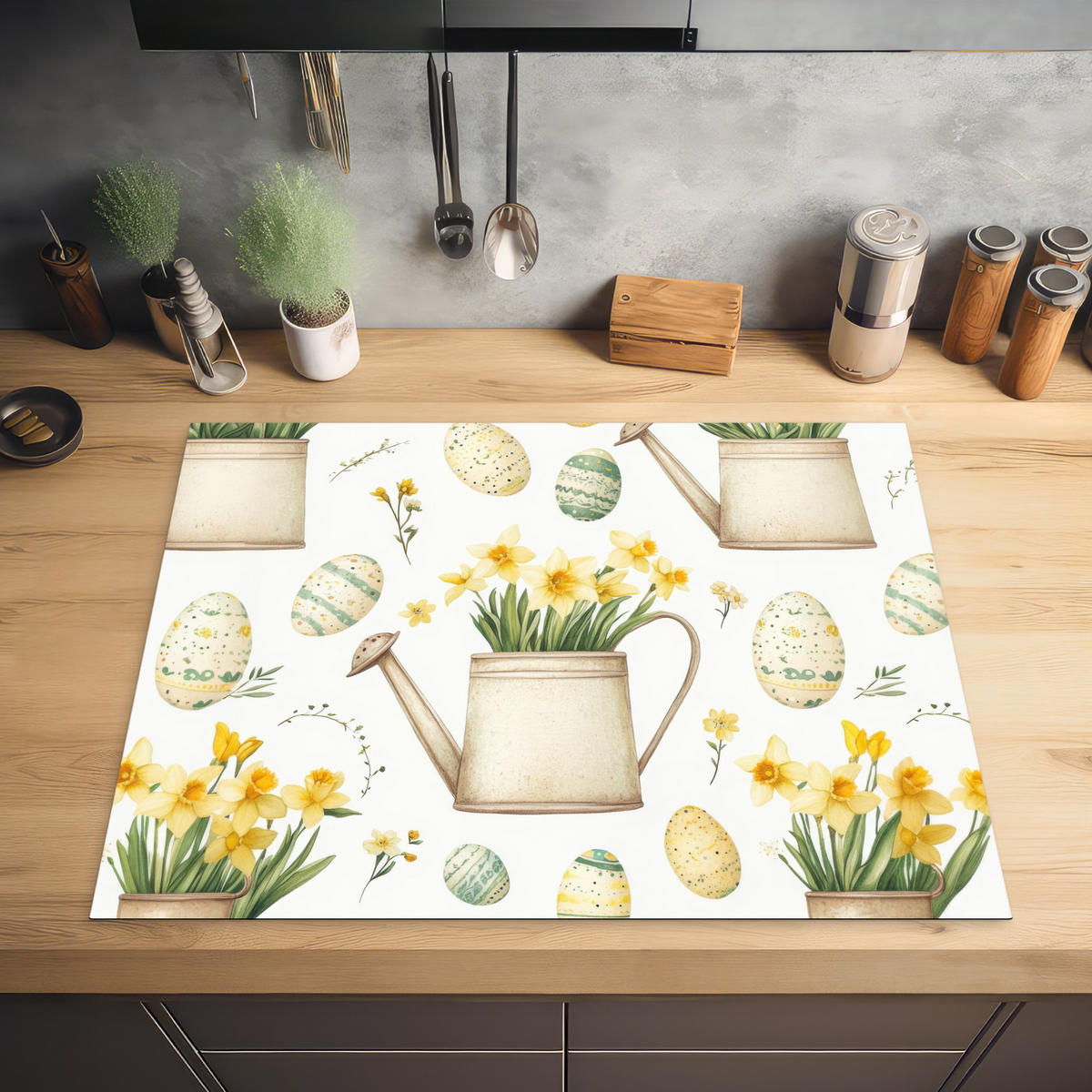 HERDABDECKPLATTE Gießkanne - Blumen - Eier Induktionsmatte 77x59 cm - Weiß, Kunststoff (77/59/0.2cm) - MuchoWow