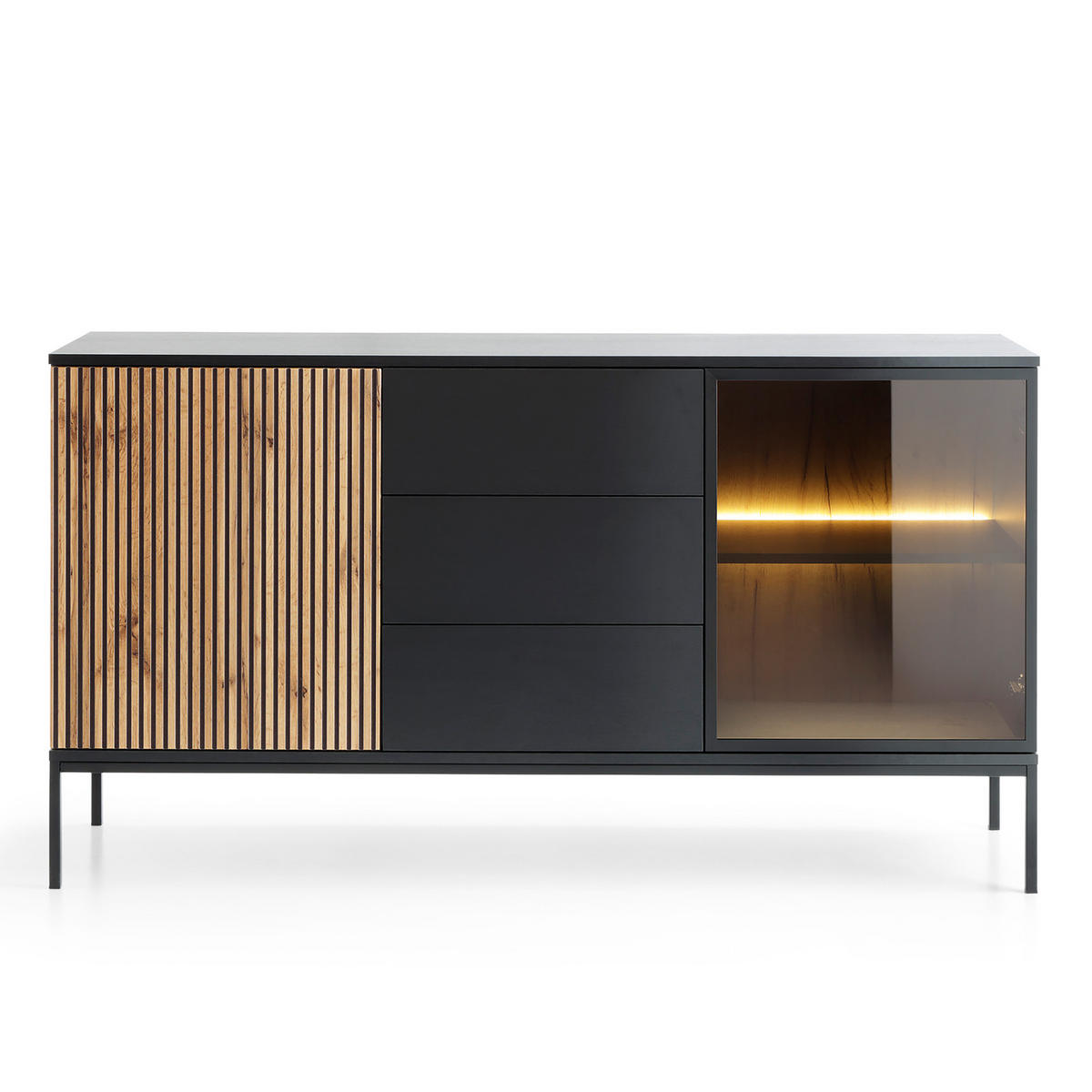 SIDEBOARD SENTIERO 154/83/39 cm mit LED 3 Schubladen und 2 Türen Schwarz - Eiche Wotan/Schwarz, Holzwerkstoff (154/83/39cm) - MASSENO