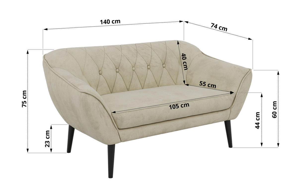 2-SITZER-SOFA PIRS - Beige Velvet - Schwarze Beine - Beige/Schwarz, Holzwerkstoff/Textil (140/75/74cm) - MKS