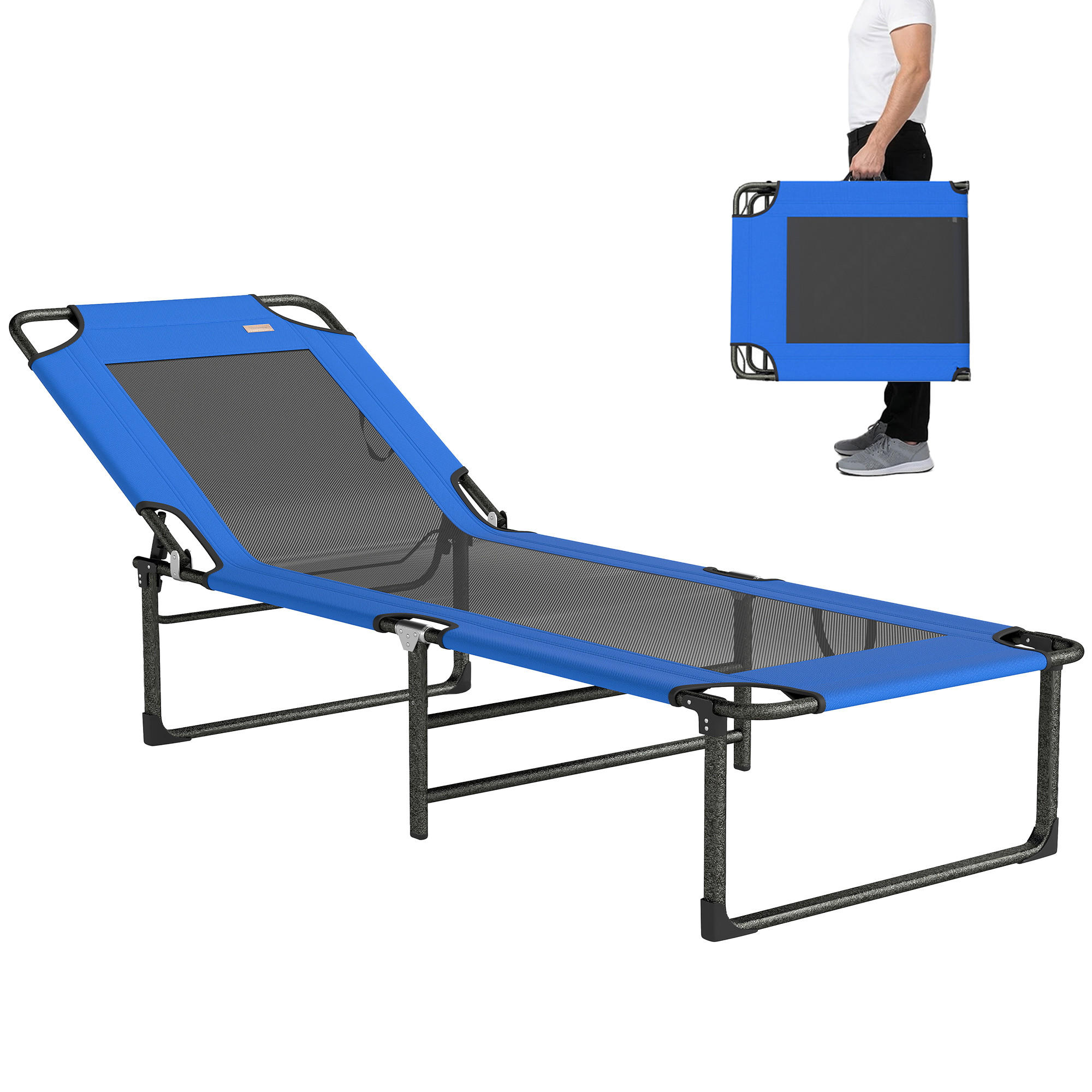SONNENLIEGE Klappbare mit 4-fach verstellbarer Rückenlehne Griffen,120 kg 175x58x68 cm ,Blau - Blau, Metall (58/68/175cm) - Vallsero