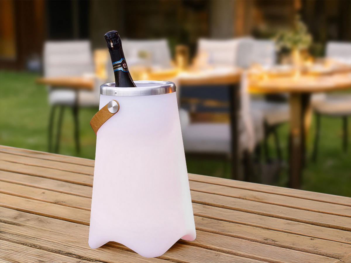 AKKU-TISCHLEUCHTE LED mit RGB Beleuchtung, Bluetooth Lautsprecher & Weinkühler Partylicht, Höhe 38cm - Weiß, Kunststoff/Metall (25/25/38cm) - meineWunschleuchte
