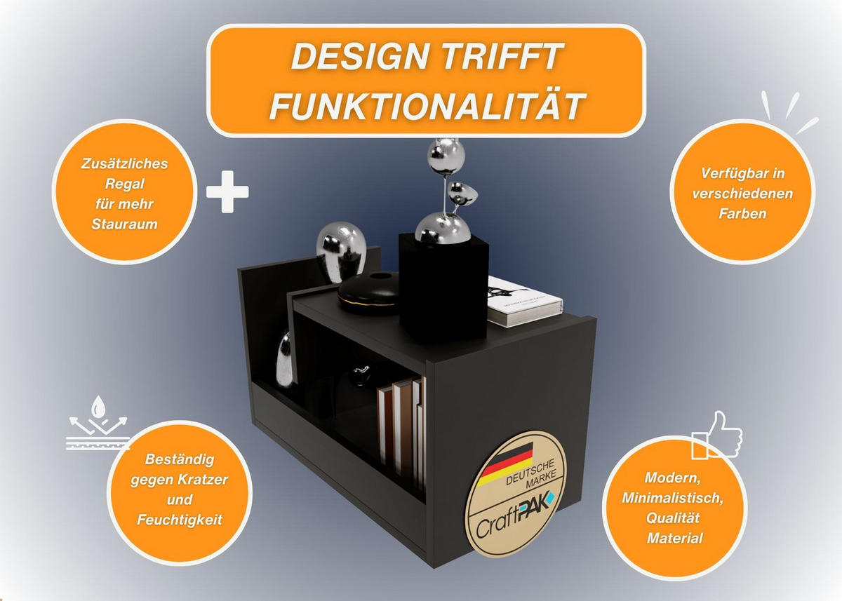 WOHNZIMMERTISCH für Couch 3 mögliche Aufstellmöglichkeiten Schwarz 33/60/34cm - Schwarz, Holzwerkstoff (33/60/34cm) - CraftPAK