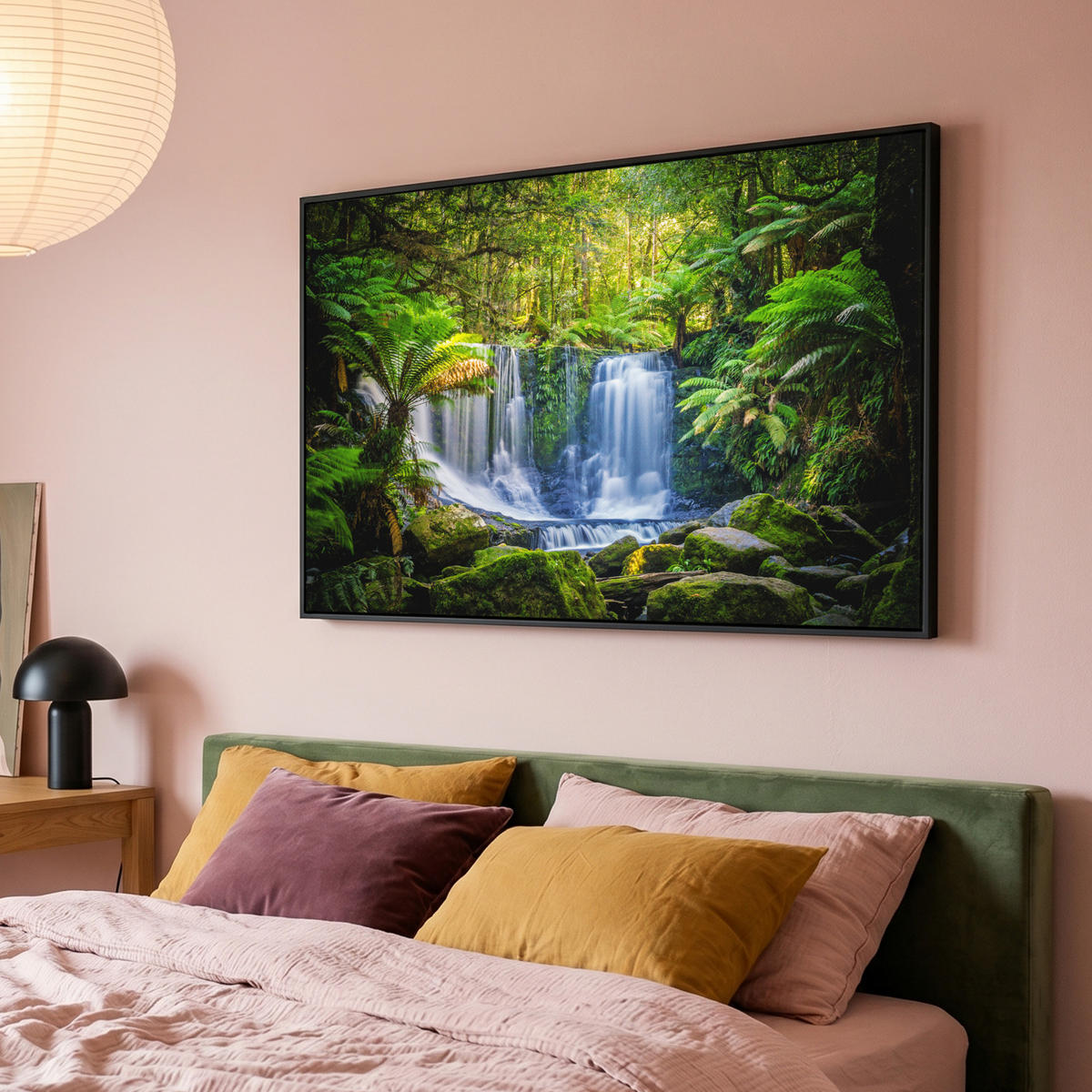 LEINWAND Bilder mit Rahmen - Dschungel - Wasserfall - Australien - Pflanzen - Natur - 120x80 - Dunkelgrün, Textil (120/80cm) - MuchoWow