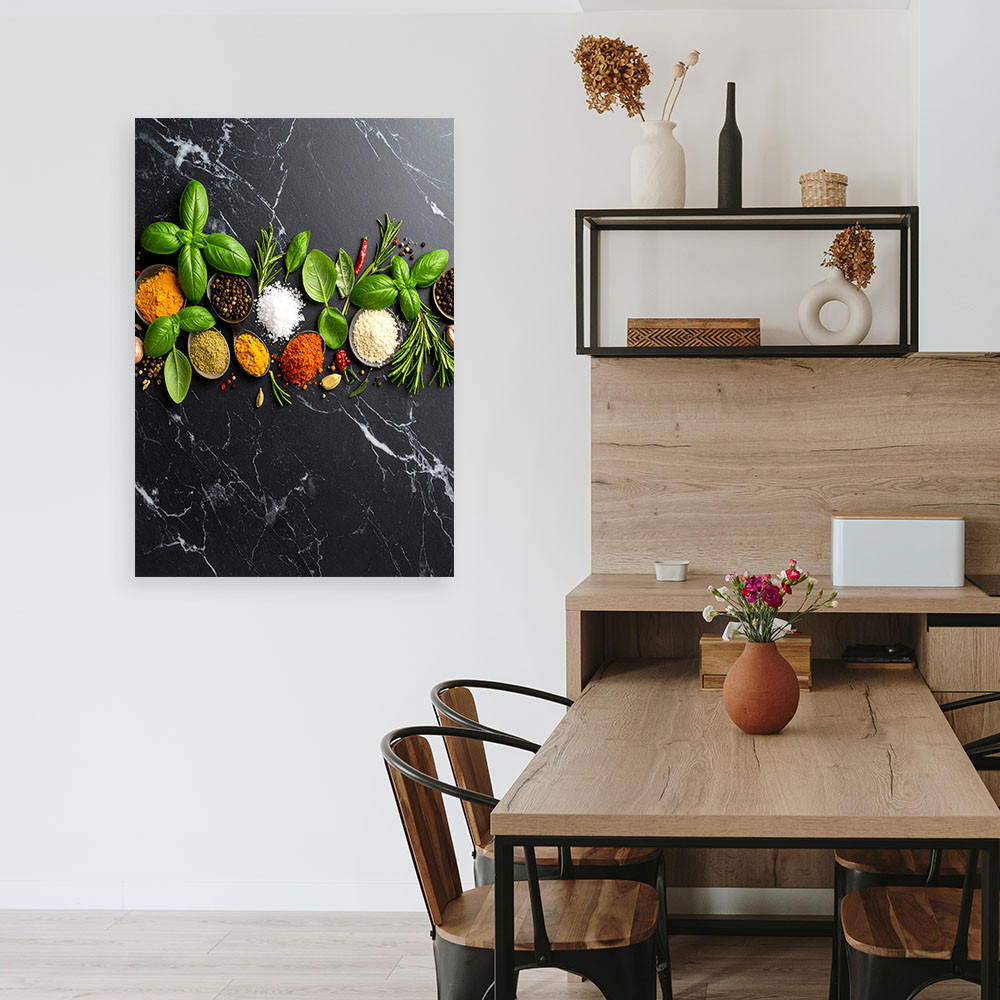 LEINWANDBILD Gewürze und Kräuter auf Marmorhintergrund 70x100cm - Multicolor, Textil (70/100cm) - Feeby