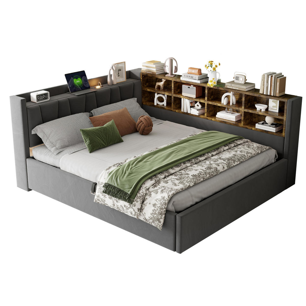 POLSTERBETT Schlafsofa aus Samt 140x200 cm Dunkelgrau mit Hydraulik-Stauraum, Nachtlicht, USB- und Typ-C-Anschlüssen - Grau, Textil (140/200cm) - Modfu