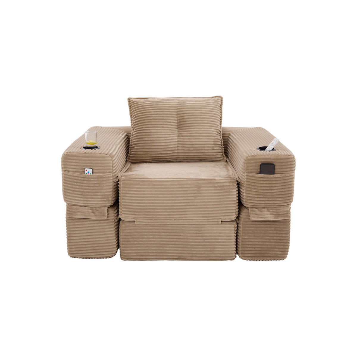 SCHLAFSOFA DE-33602 mit Federkern und Getränkehalter Khaki - Hellbraun, Textil (122/80/98cm) - ComfortXL