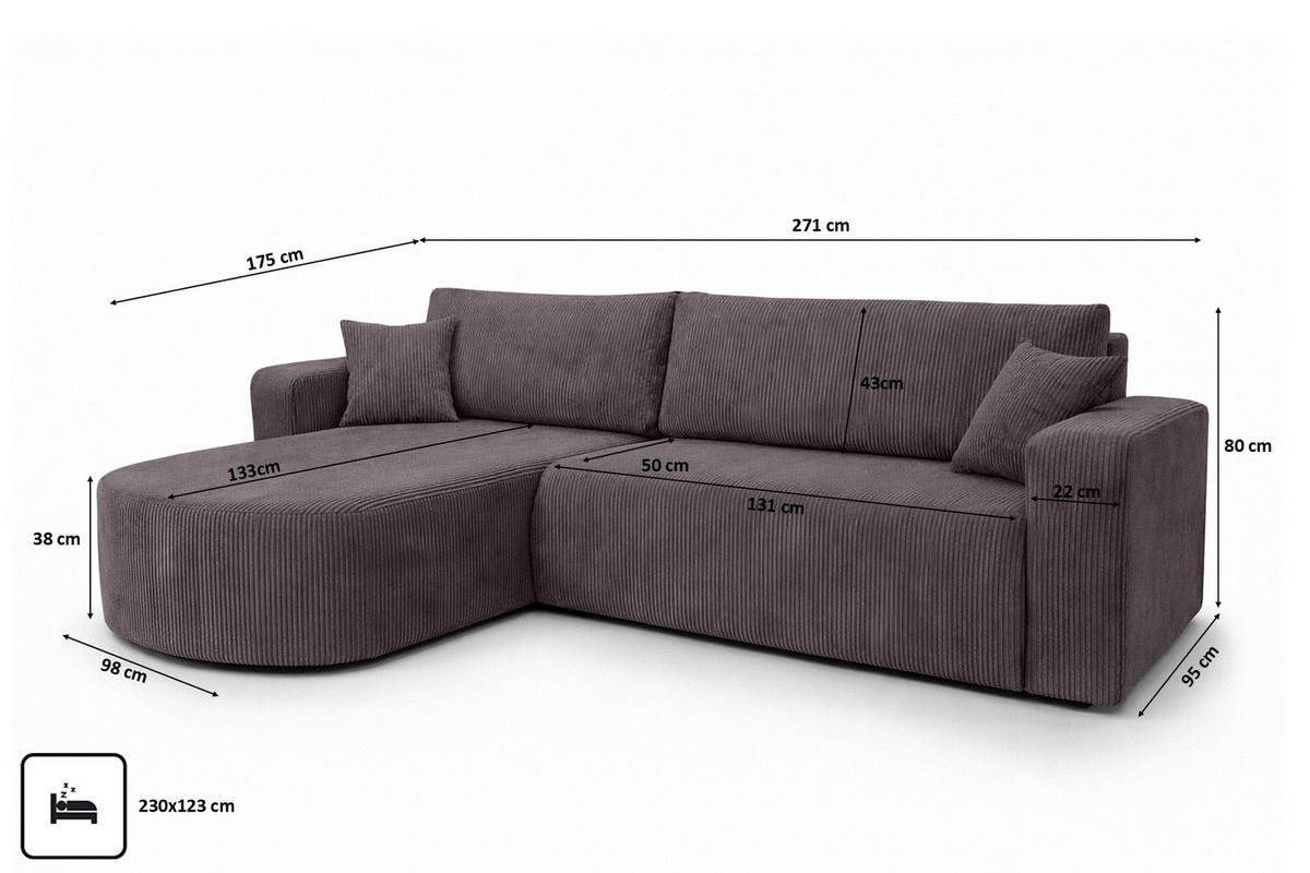 ECKSOFA Mit Schlaffunktion, Cordstoff Poso, Dunkelgrau, Links, ROUND ONE XL - Dunkelgrau, Holz (271/175cm) - Kaiser Möbel