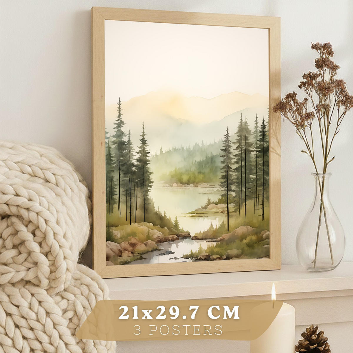 PLAKAT Sada 3 dekorativních tisků Nordic Landscape Moderní obývací Obrázky - zelené a hnědé dekorativní plakáty Dekorace Obývací A3 bez rámu - čirá, papír (29.7/42/3cm) - Nacnic