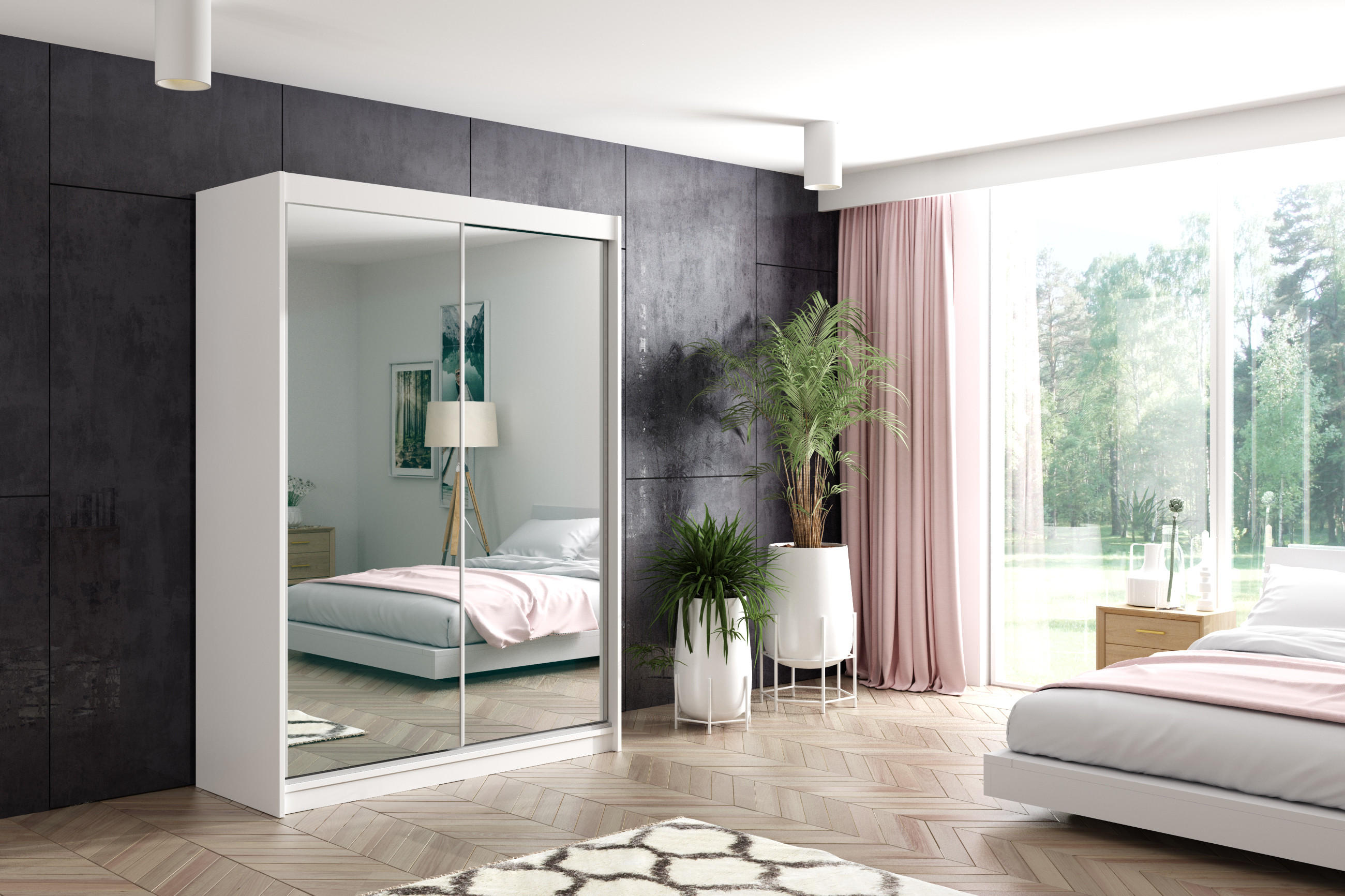 KLEIDERSCHRANK mit Spiegel-Schiebetüren und Aluminium-Leisten - DEBI - 160 cm Weiß - Weiß, Holzwerkstoff (160/216/61cm) - ALTDECOR