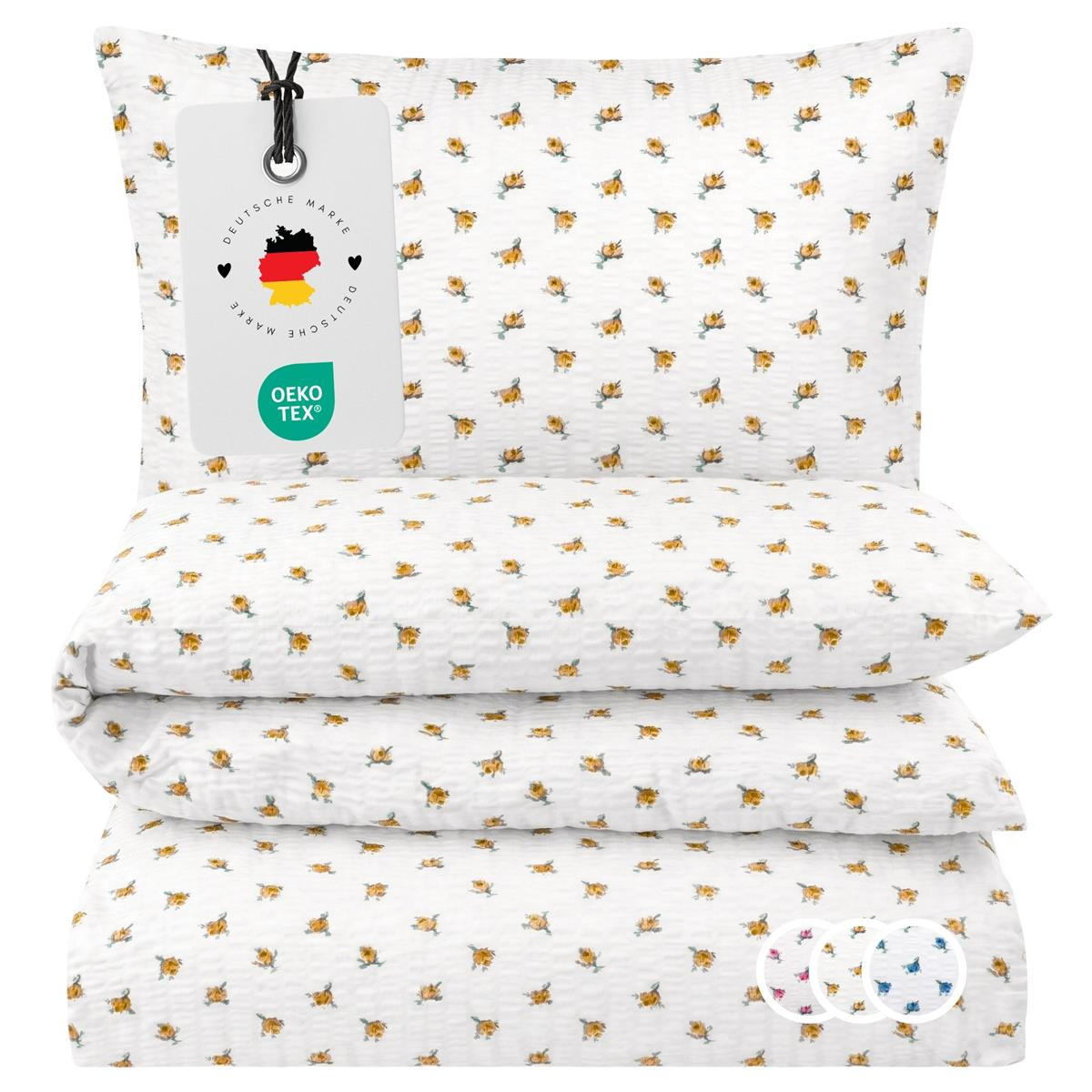 Carpe Sonno SEERSUCKER-BETTWÄSCHE 135x200 geblümt Sommer Bettbezug Bügelfrei aus 100% Baumwolle, Bettbezüge Blumen Rosen Muster Gelb jetzt nur online ➤