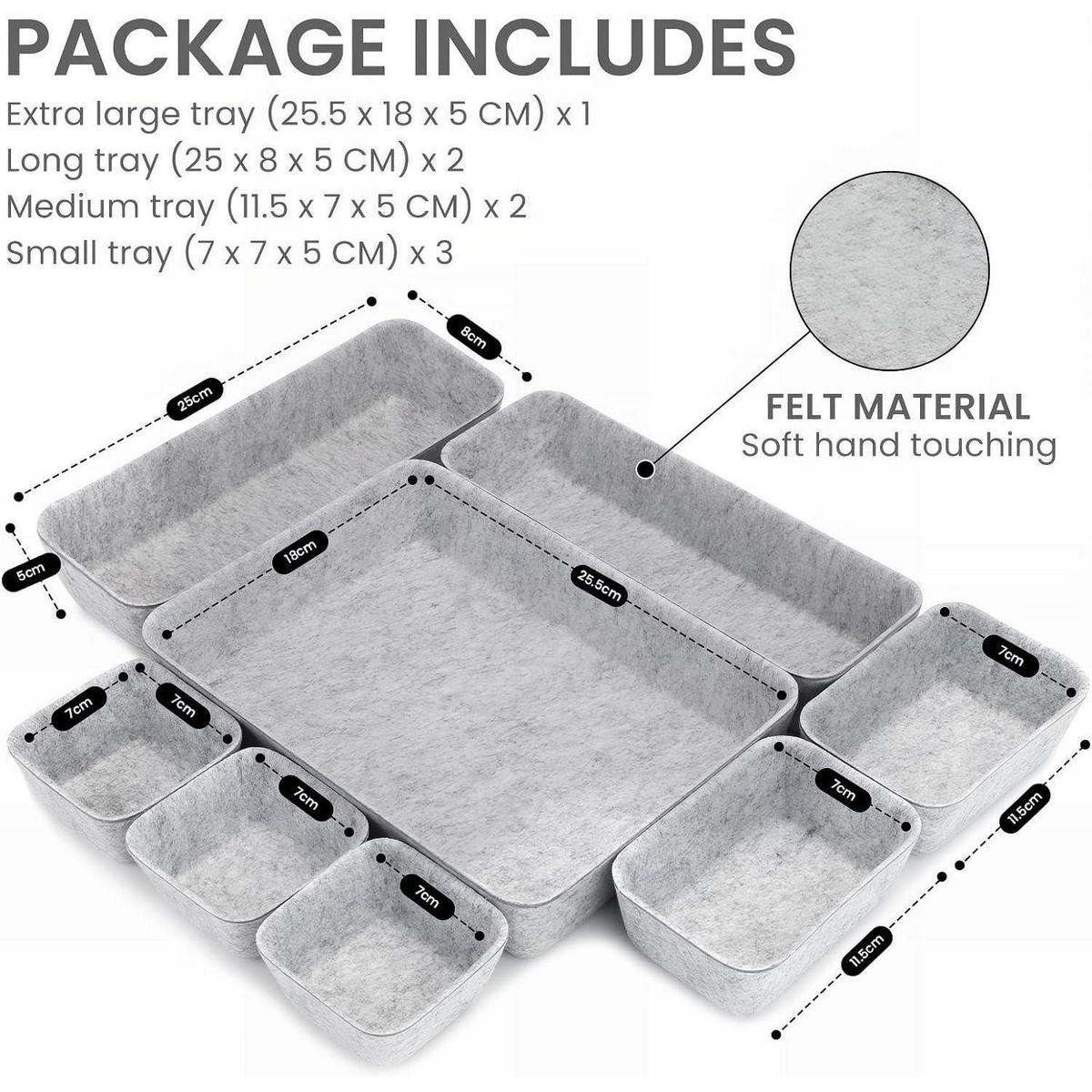 SCHUBLADEN Organizer Filz 8-teiliges Set Hellgrau - Grau, Textil (20/5/28.5cm)