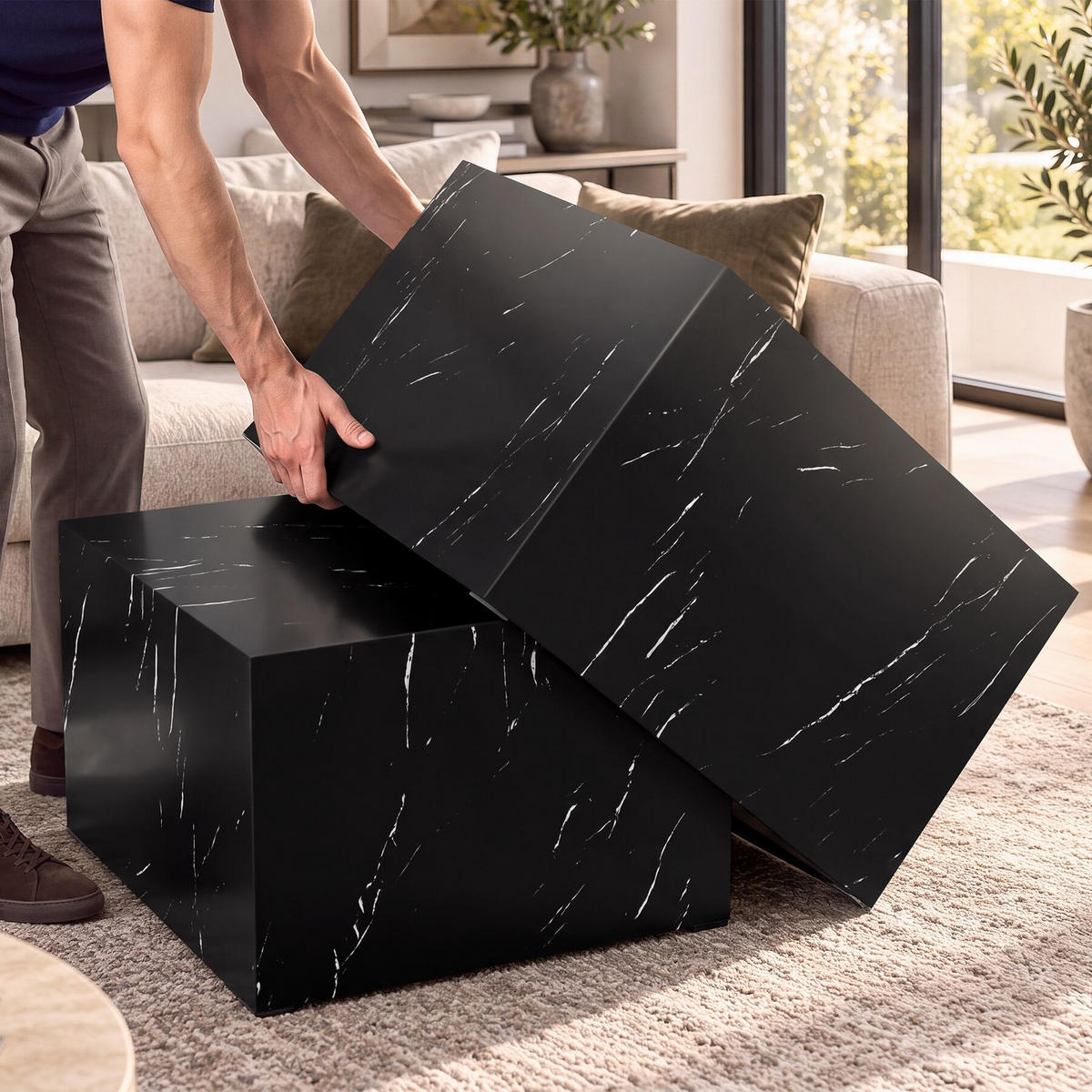 COUCHTISCH 2er Set Lacey, inkl. Filzschoner, Belastbarkeit 45 kg, Marmor Optik schwarz - Schwarz, Holz (60/60/40cm) - tectake