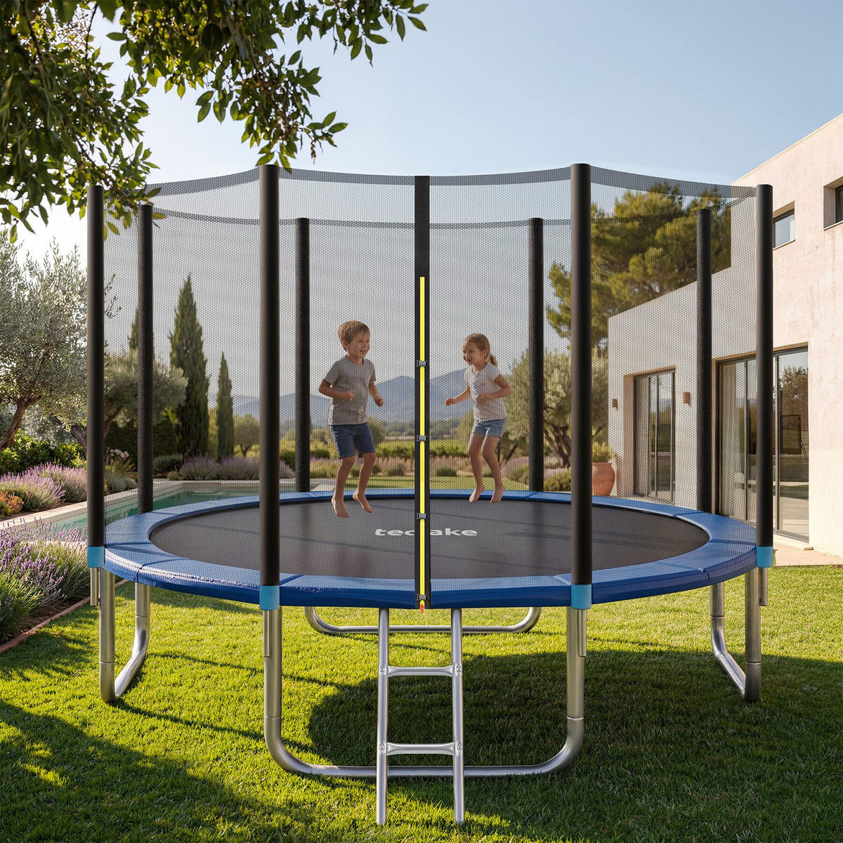 TRAMPOLIN Garfunky, inklusive Einstiegsleiter, schwarz/blau - Blau/Schwarz, Metall (396/260/396cm) - tectake
