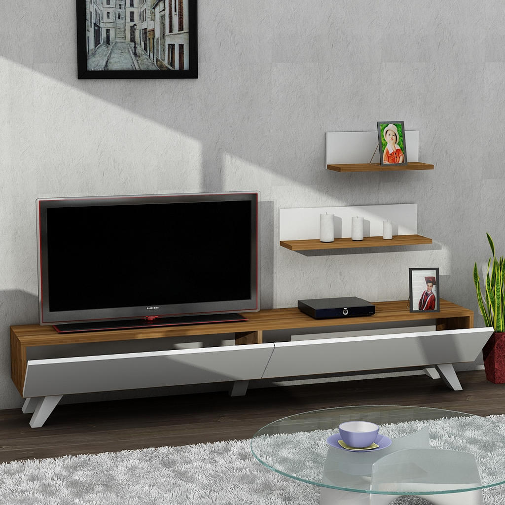 Thumbnail - moebel17 Wohnwand, Weiß, Walnuss, Holzwerkstoff, Holz Optik, Rechteckig, 180x32x29 cm, Wohnzimmer, Wohnwände, Wohnwand-S...