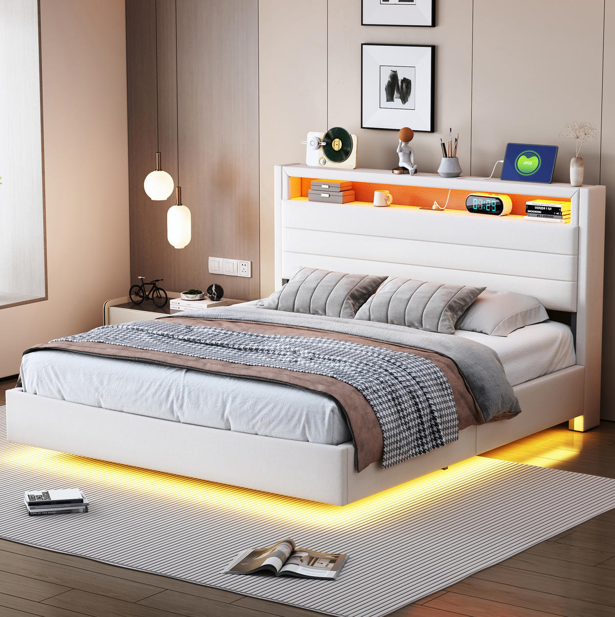 ČALOUNĚNÁ postel 140/200 cm z látky a kovu, béžová, s USB, LED a úložným prostorem - béžová, textil (140/200cm) - BEAOK