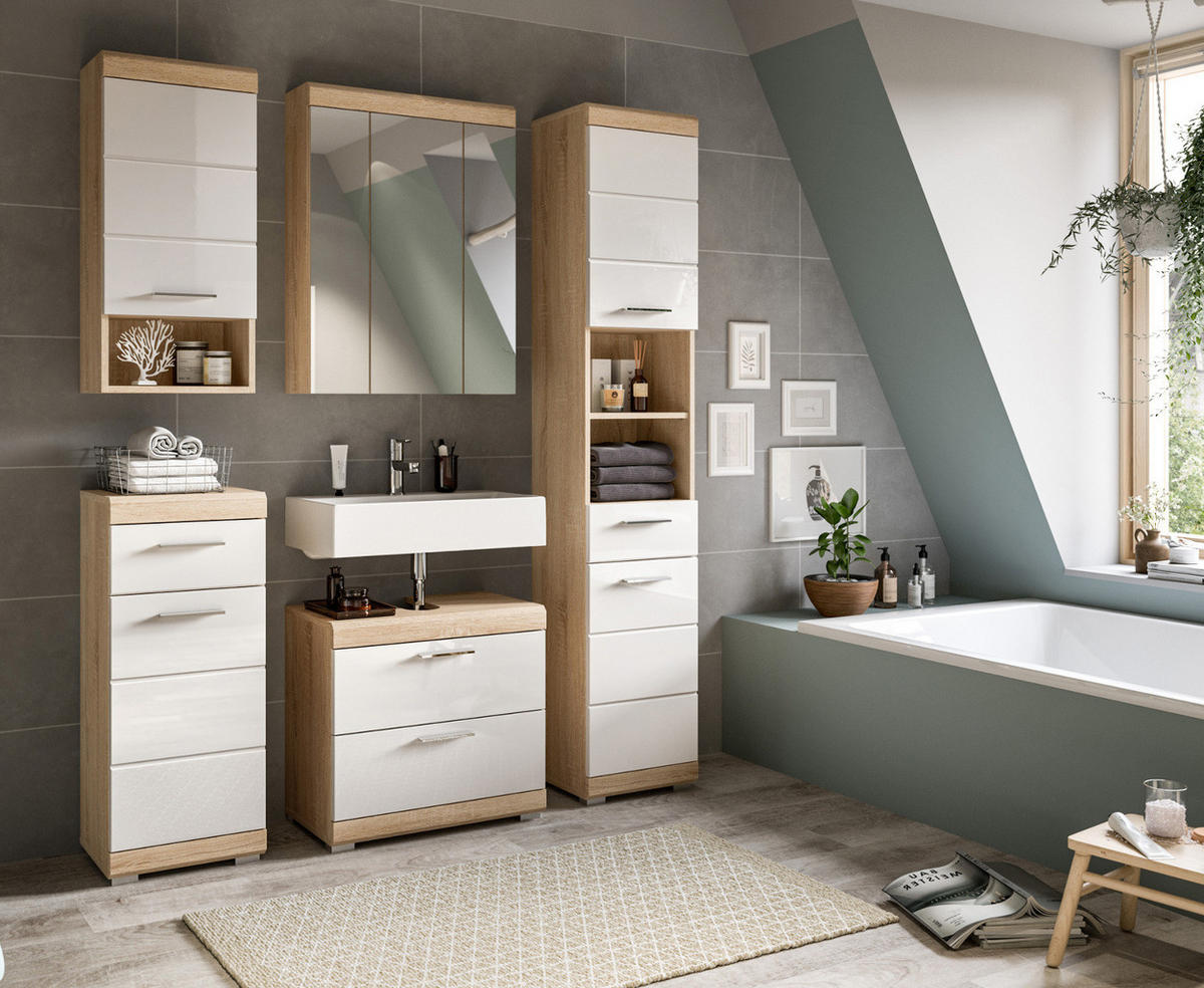 BADMÖBEL-SET weiß Hochglanz, Eiche 4-teilig 112 cm, Komplettset mit viel Stauraum - Weiß Hochglanz/Eichefarben, Holzwerkstoff (112/191/37cm) - Inn.Furn