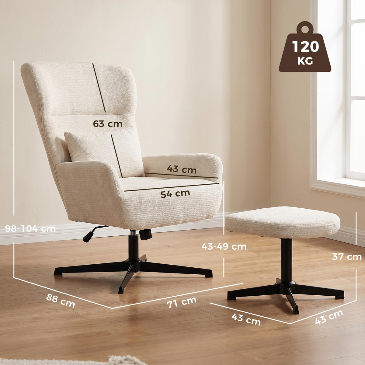 RELAXSESSEL-MIT-HOCKER 2er Set Polyester Cremeweiß - Creme/Schwarz, Textil/Metall (88/104/71cm) - HOMCOM