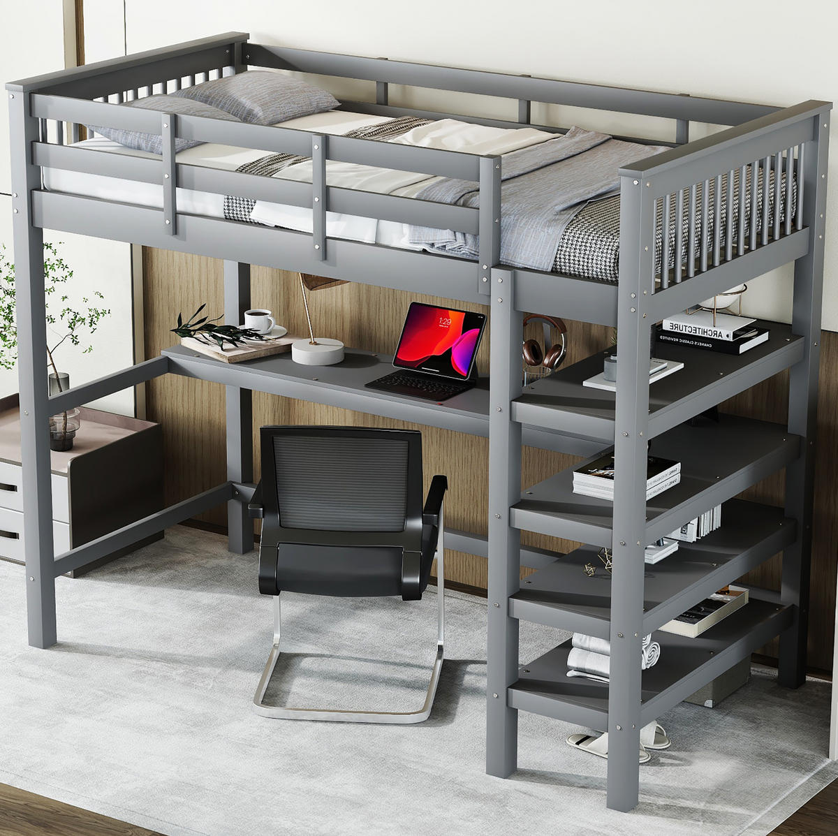 HOCHBETT aus Kiefer und MDF 90x200 cm Grau mit Schreibtisch, Ablagefächern und Leiterregal - Grau, Holzwerkstoff (90/200cm) - Modfu