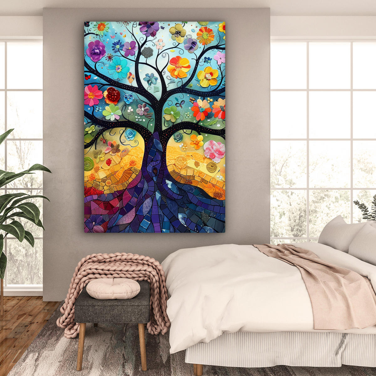 SLIKA NA PLATNU Cvetoče drevo 90x140 cm - temno modra, tekstil (90/140cm) - MuchoWow