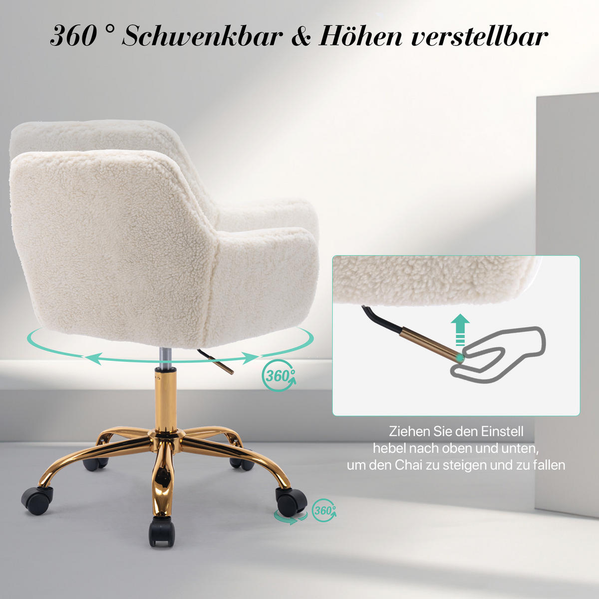 DREHSTUHL DE-41052 mit Kunstpelz-Bezug und goldenen Beinen Weiß - Weiß, Metall (53/55/53cm) - ComfortXL