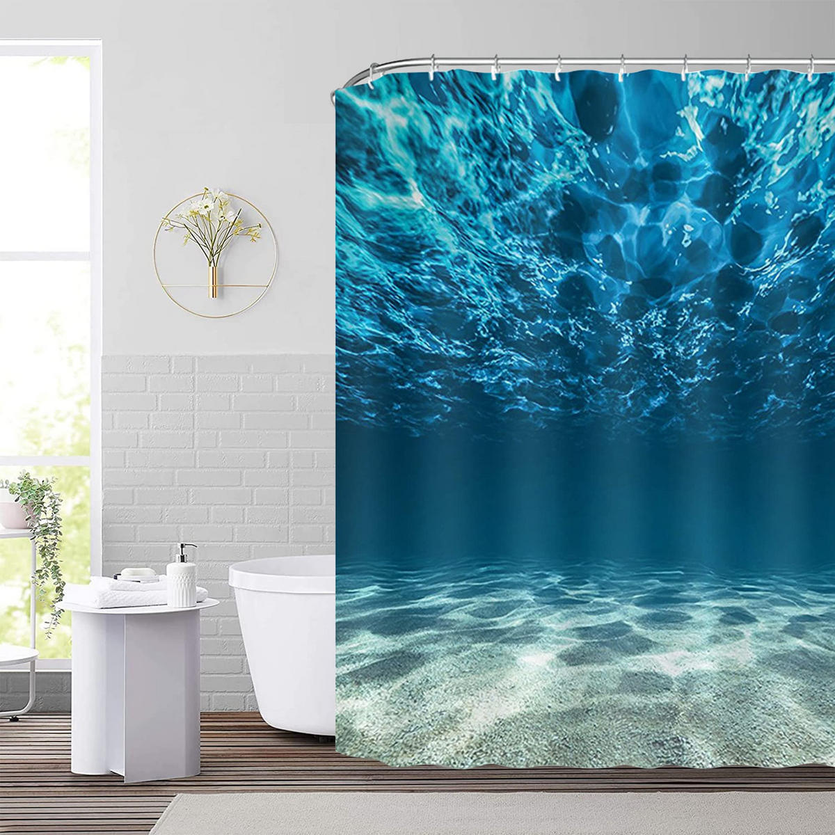 DUSCHVORHANG Polyester 3D 180 cm wasserdicht mit Haken für Badezimmer und Dusche - Blau, Textil (180/180cm) - MCBOSON