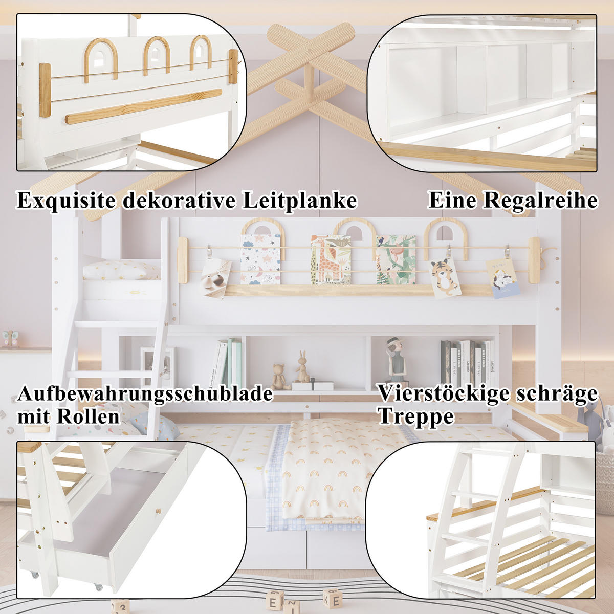 ETAGENBETT 90/200 cm & 120/200 cm in Weiß & Natur Kinderbett mit 2 Schubladen, Regal und Treppe - Weiß/Naturfarben, Holzwerkstoff (90/200cm) - STILVORA