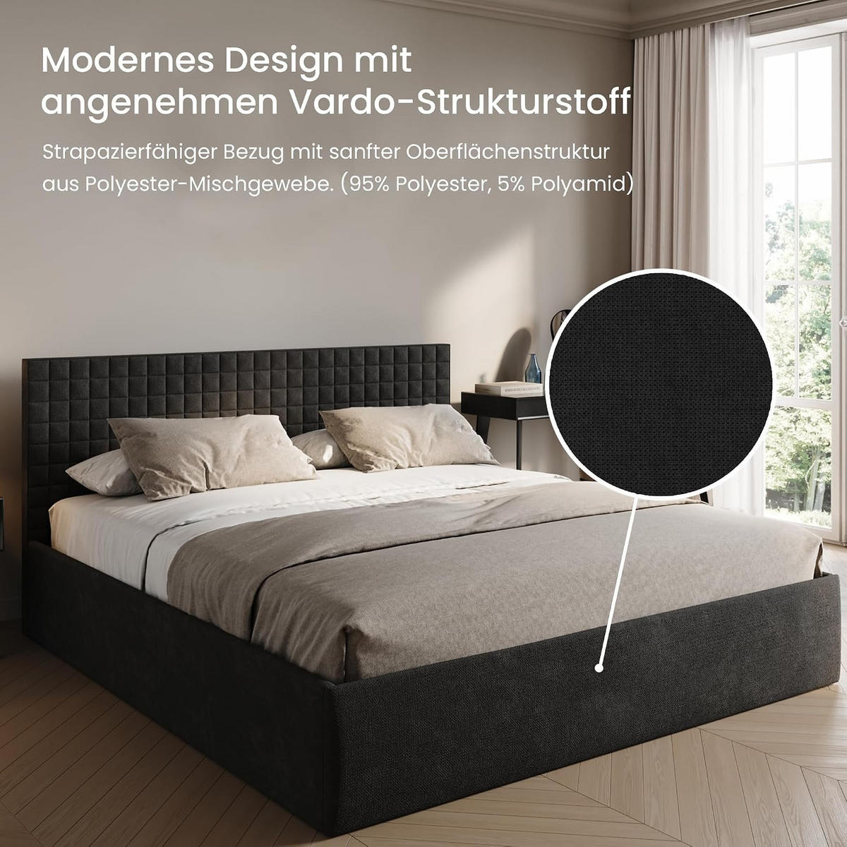 POLSTERBETT VARDO-Stoff 180x200 cm in Anthrazit - Anthrazit, Textil (180/200cm) - Home Collective