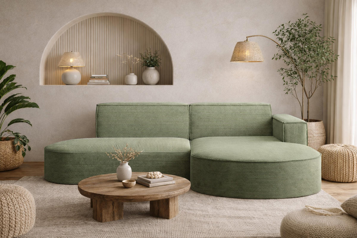 ECKSOFA Designer MODENA STUDIO, Cordstoff Poso, Hellgrün, Rechts - Hellgrün, Holzwerkstoff/Textil (236/165cm) - Kaiser Möbel